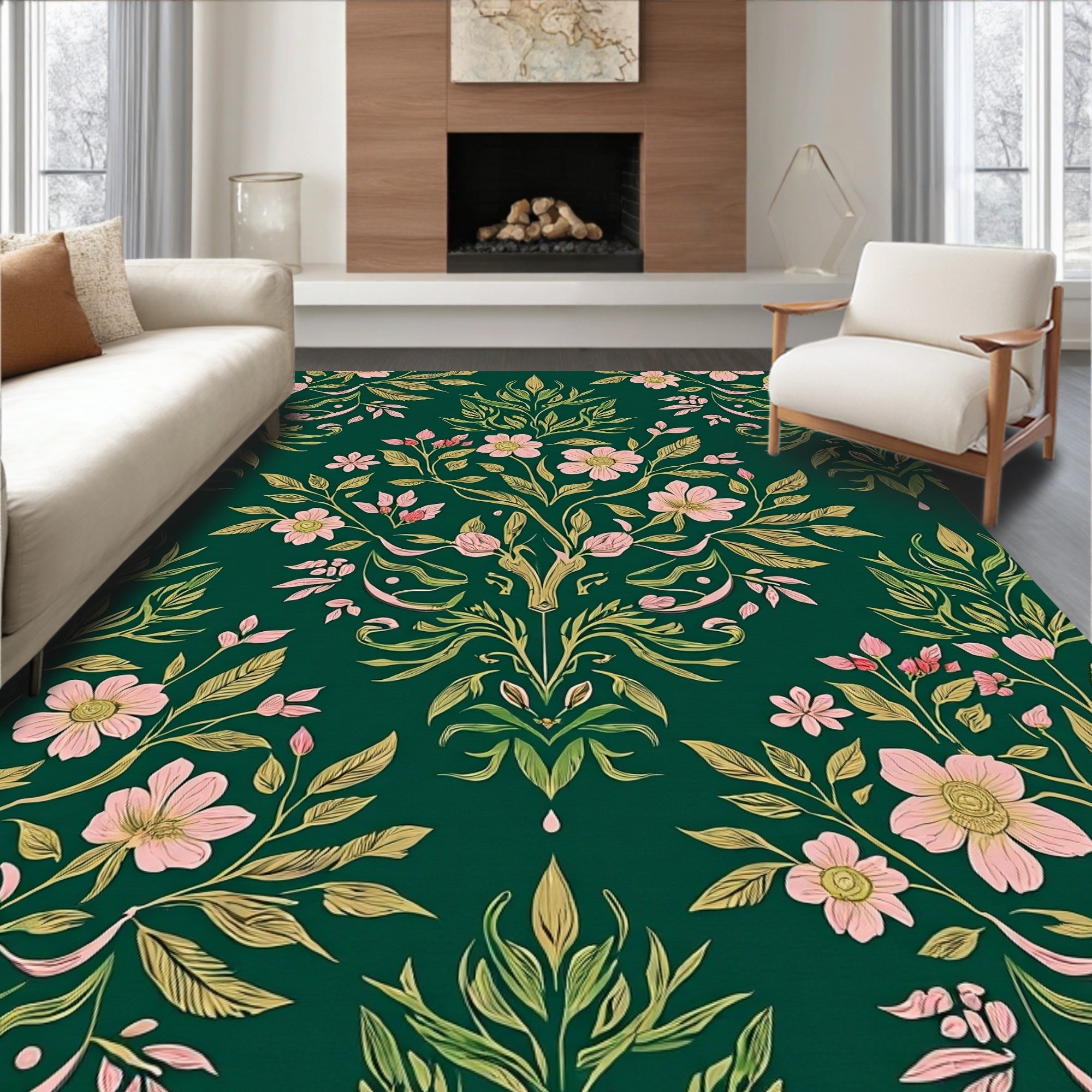 Green Floral Vines Design Rug