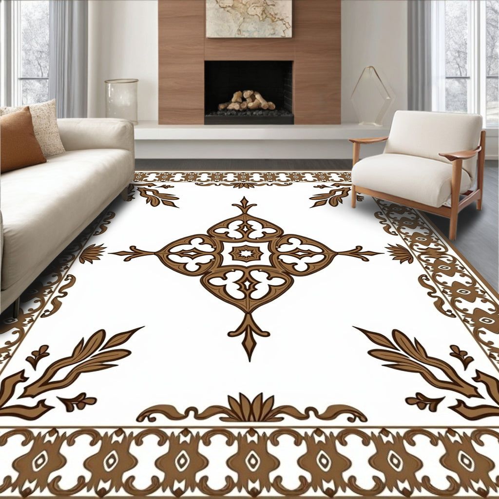 Elegant Brown Floral Scroll Pattern Rug