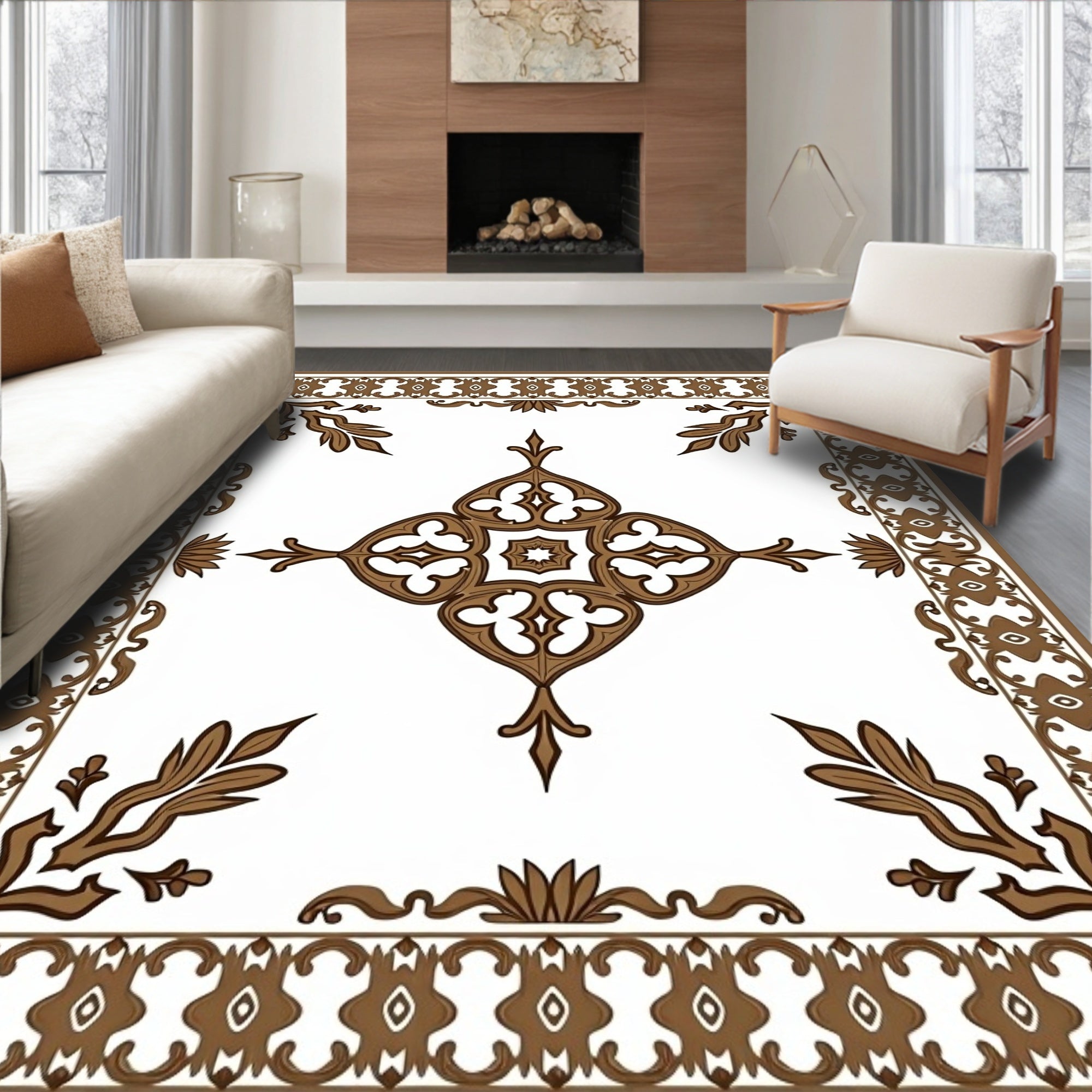 Elegant Brown Floral Scroll Pattern Rug