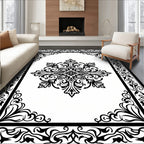 Elegant Black Floral Damask Patterned Rug