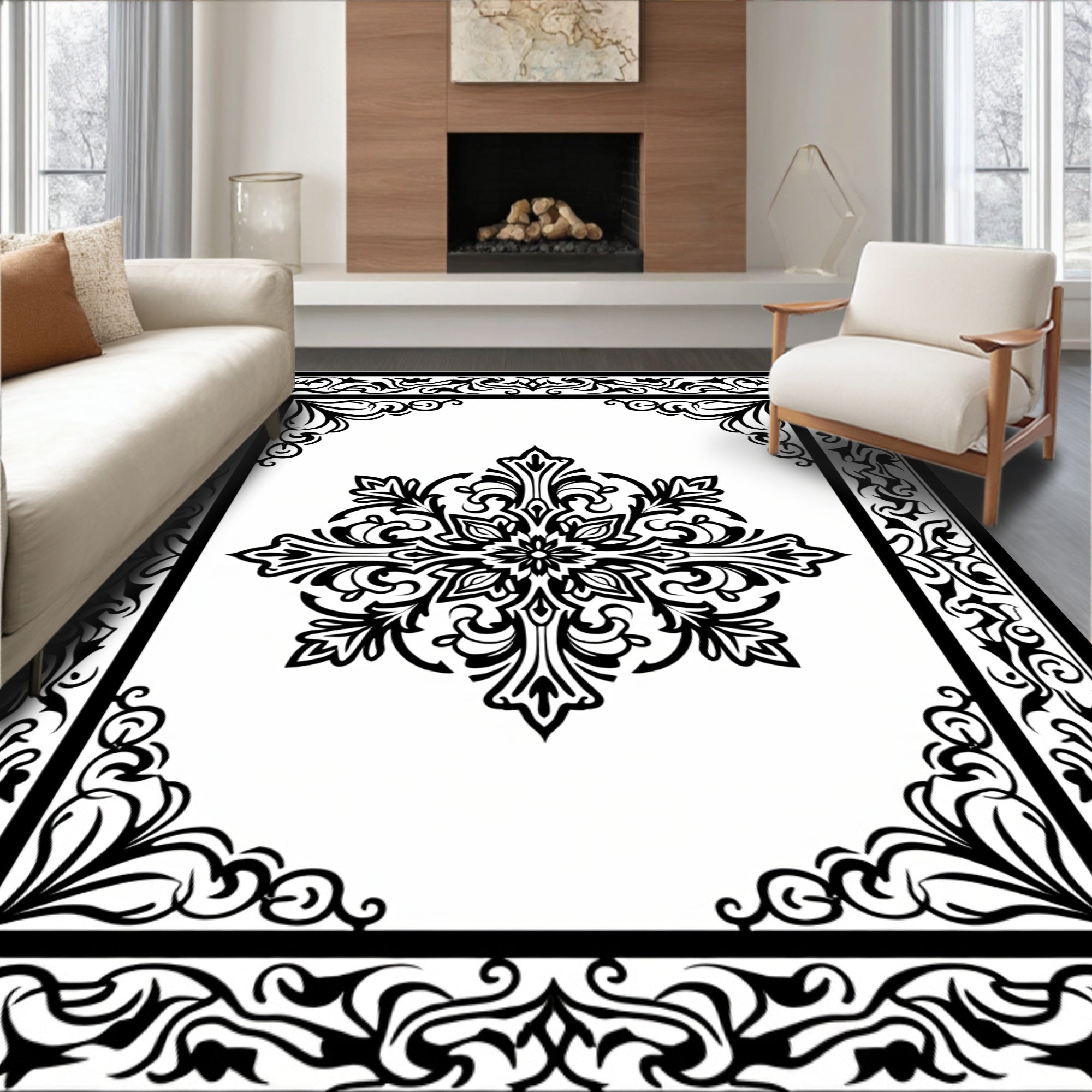 Elegant Black Floral Damask Patterned Rug