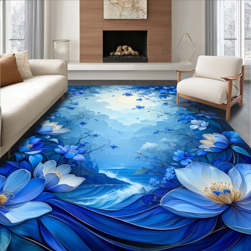 Mystical Blue Floral Landscape Rug
