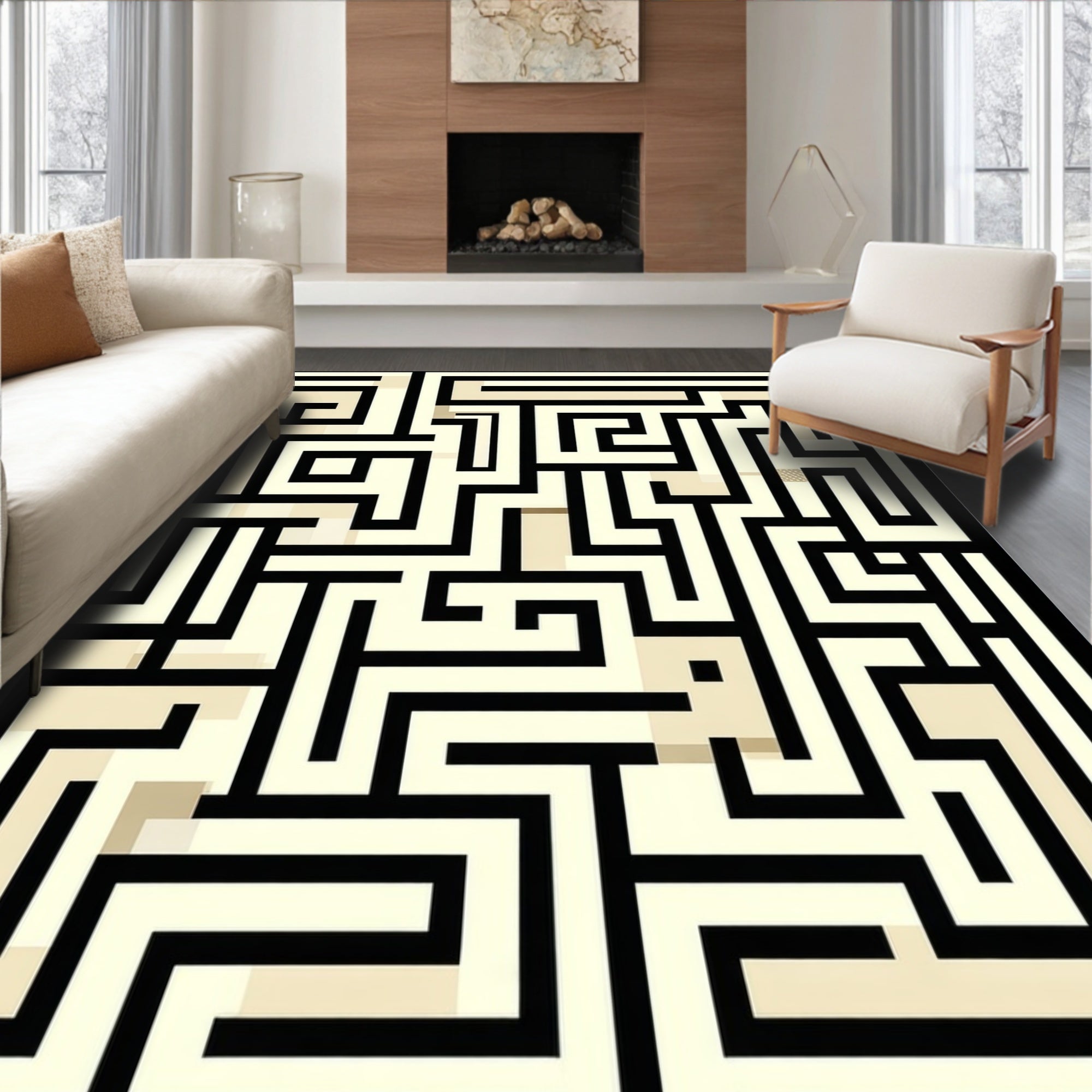 Modern Geometric Black Cream Maze Rug