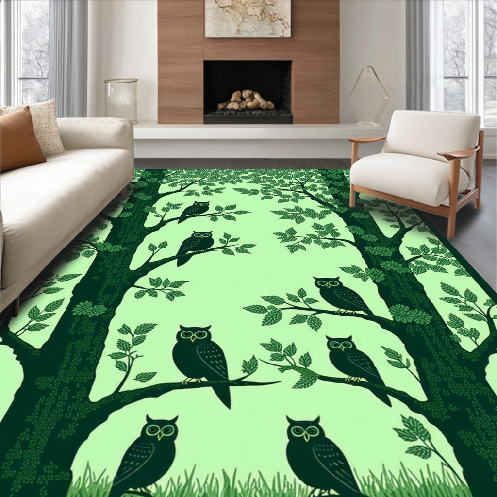 Forest Owls Patterned Green Palette Rug