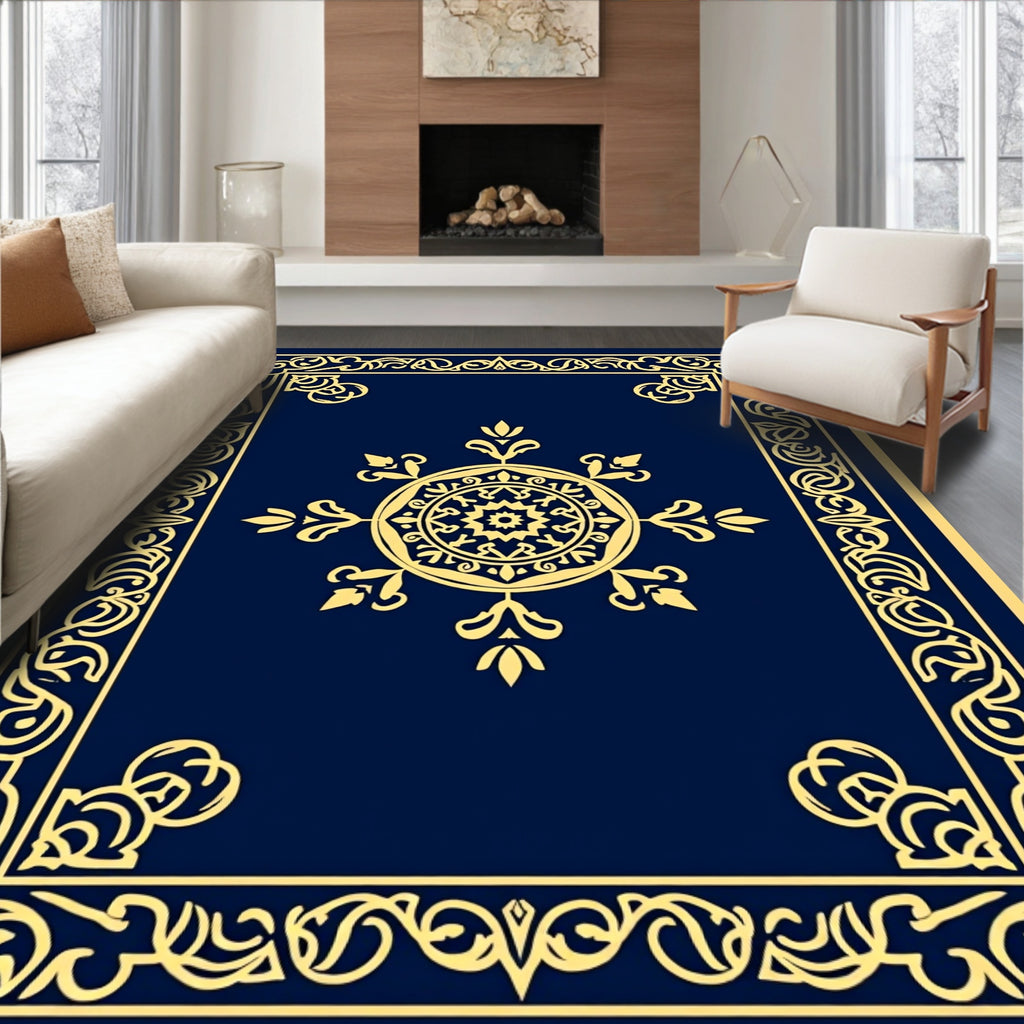 Ornate Golden Floral Medallion Border Rug