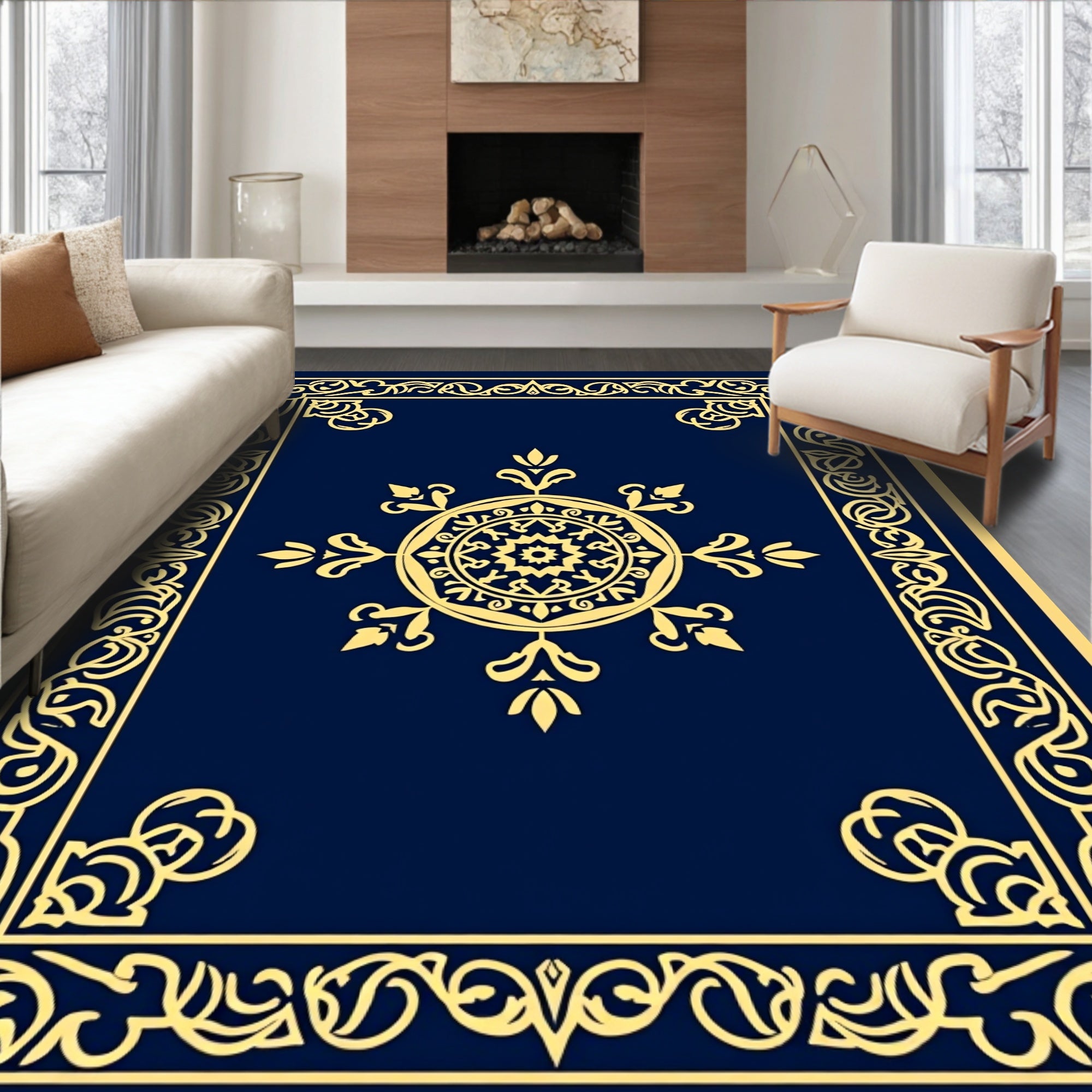 Ornate Golden Floral Medallion Border Rug
