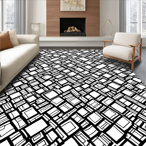 Abstract Geometric Interlocking Black White Rug