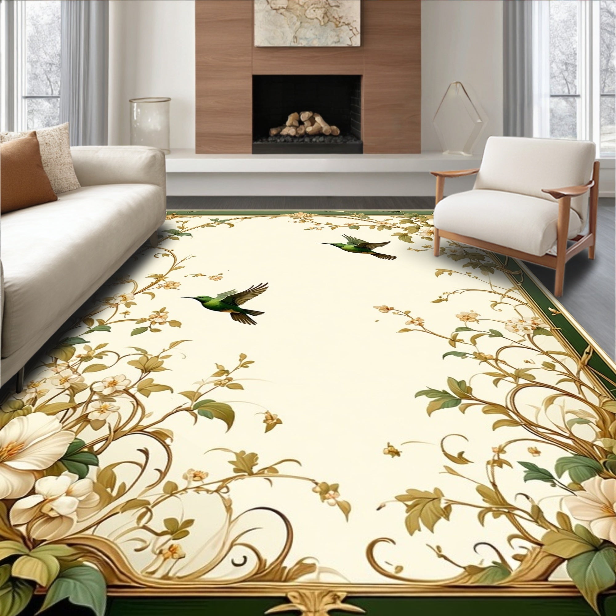 Emerald Birds Vine Floral Design Rug
