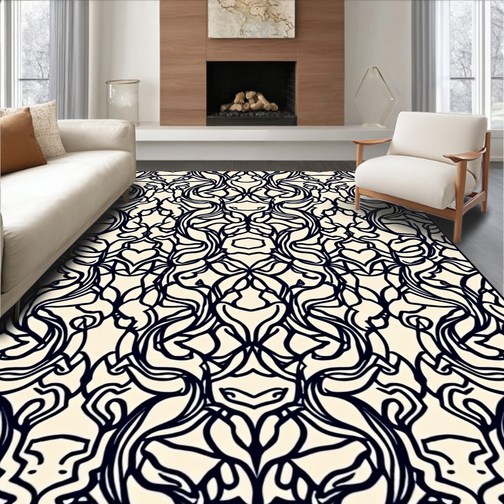 Abstract Black Symmetry Swirl Rug