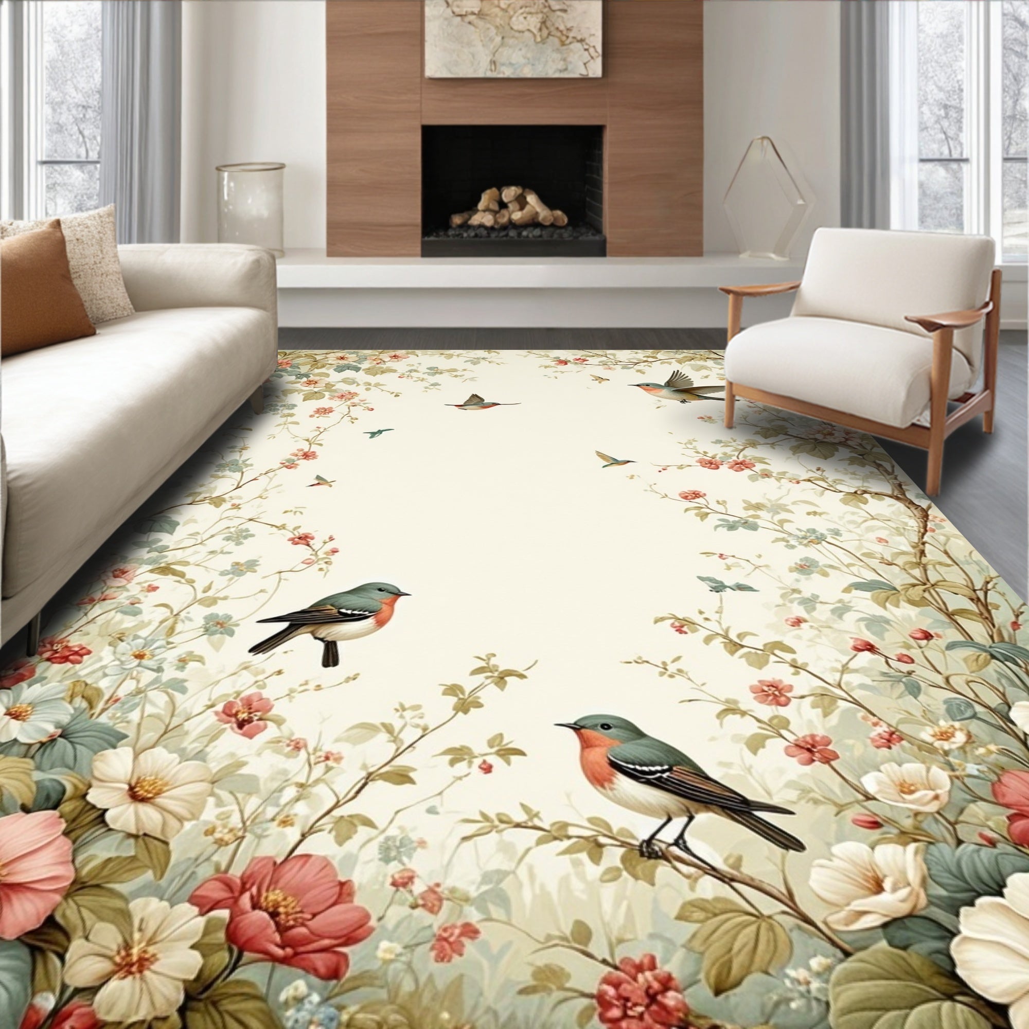 Floral Garden Bird Scenic Artwork Rug