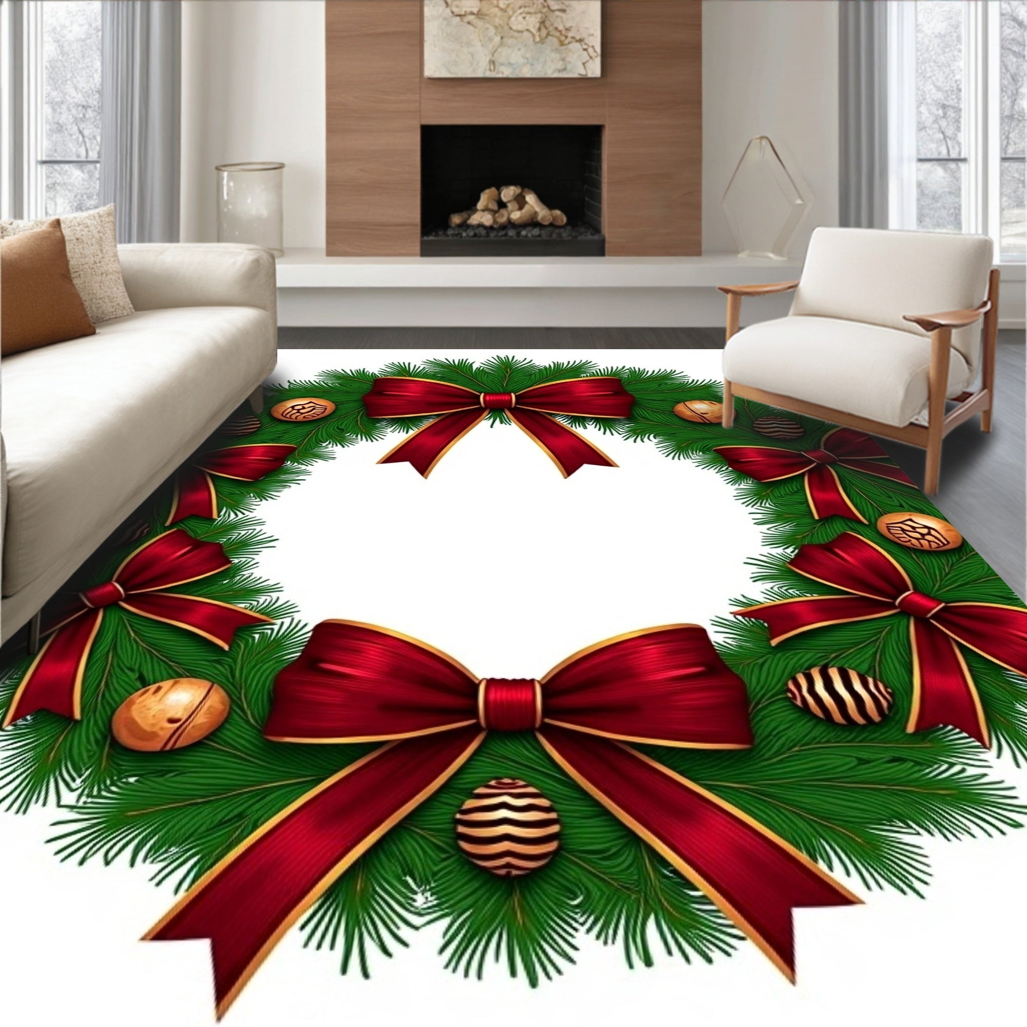 Crimson Bow Festive Greenery Ornaments Rug