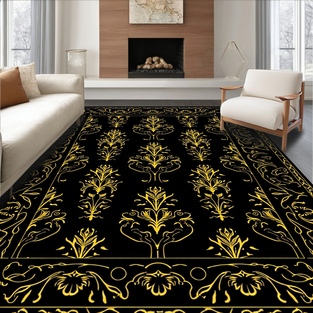 Elegant Yellow Floral Damask Border Rug
