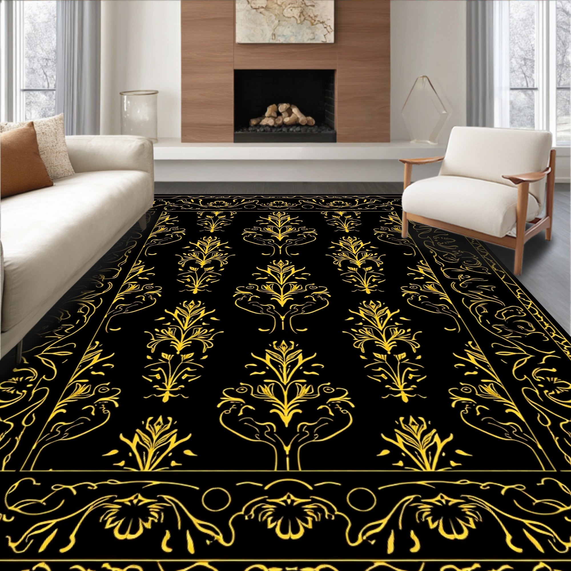 Elegant Yellow Floral Damask Border Rug