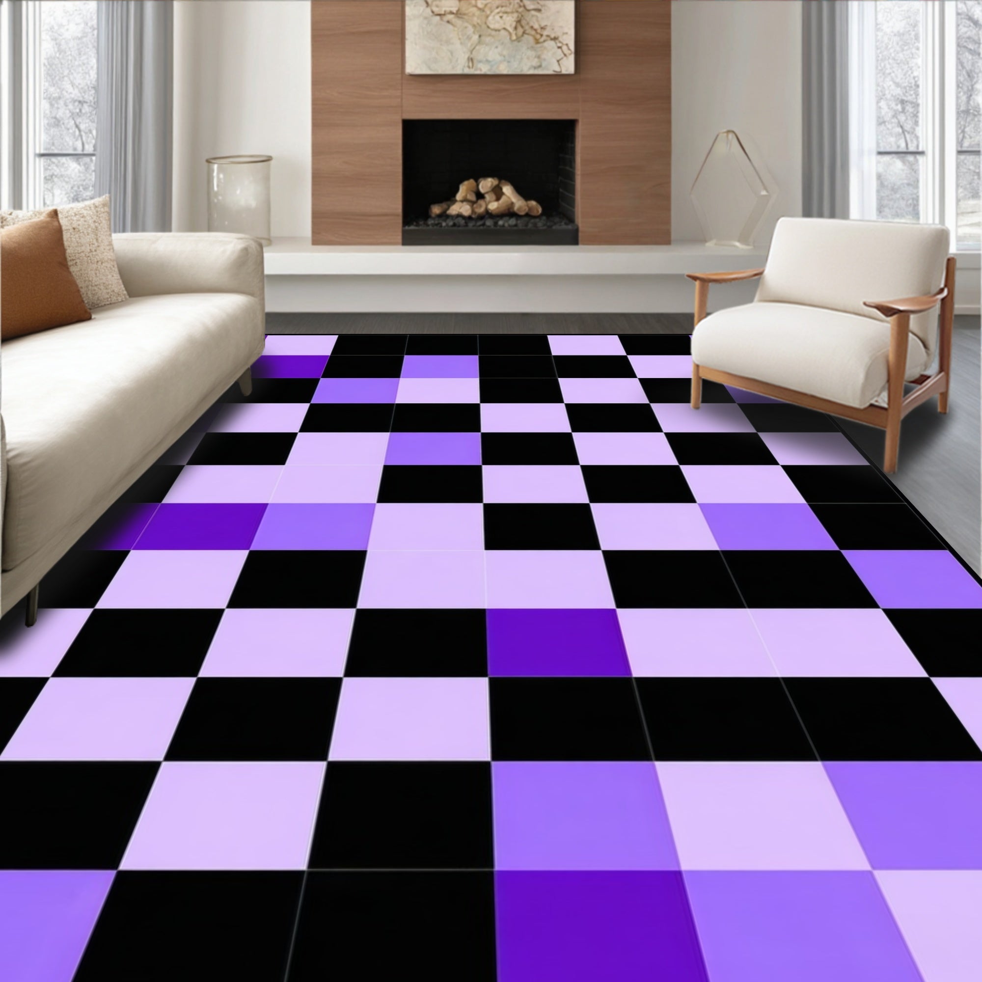 Checkerboard Pattern With Purple Tones Rug