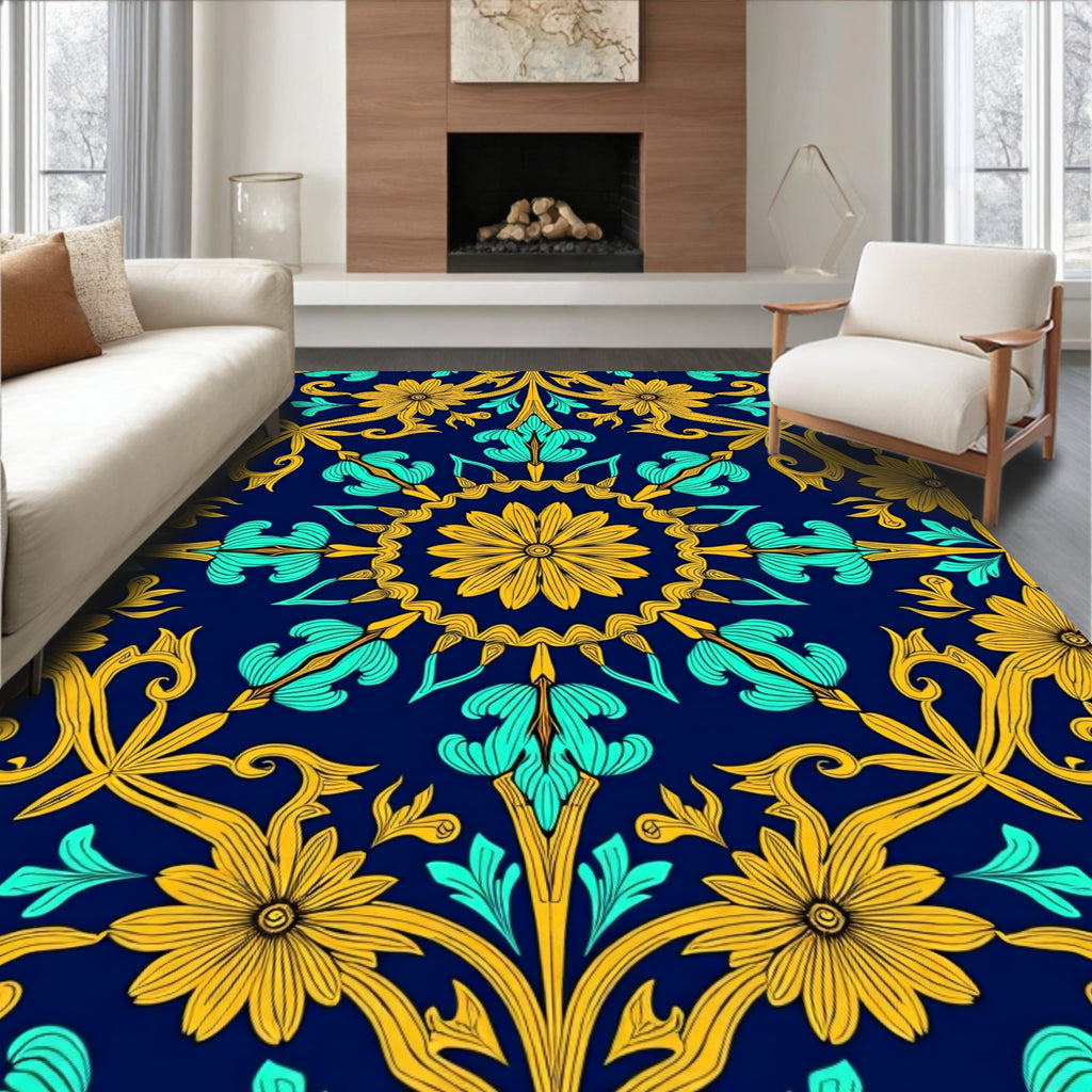Golden Teal Floral Arabesque Pattern Rug