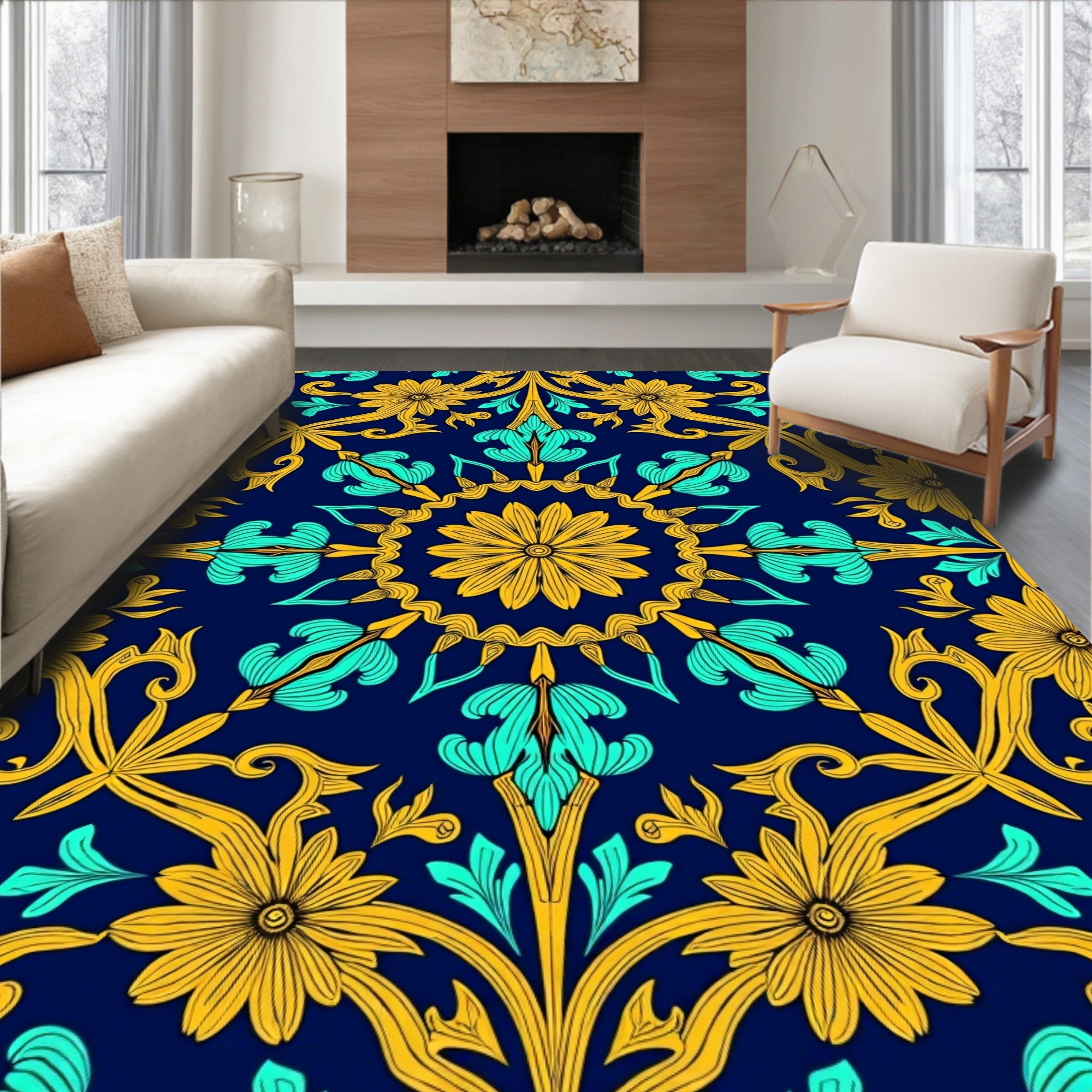 Golden Teal Floral Arabesque Pattern Rug