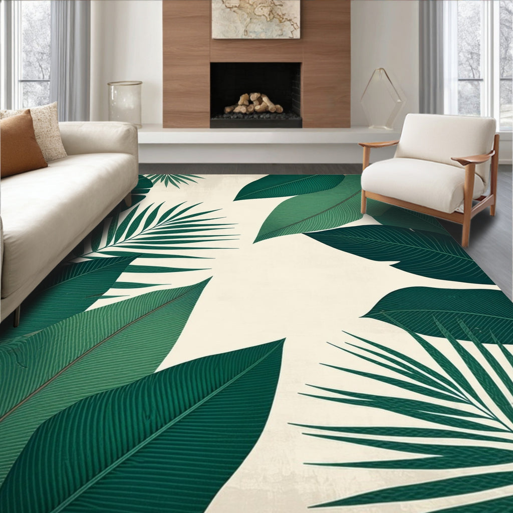 Lush Green Tropical Leaf Pattern Rug