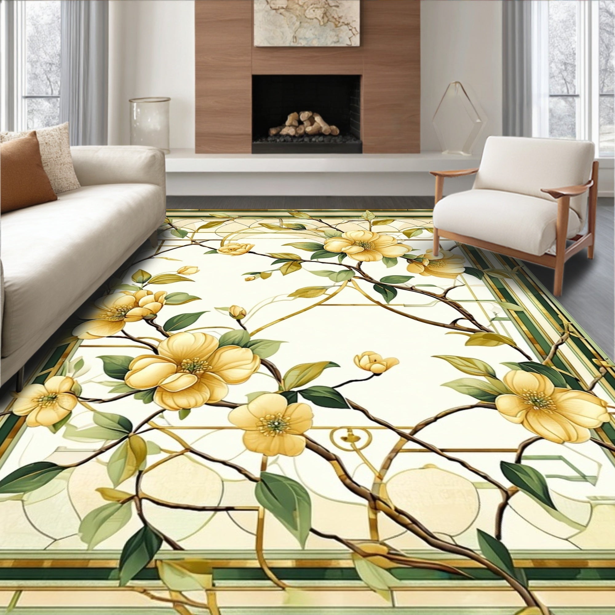 Yellow Floral Stained Glass Pattern Rug