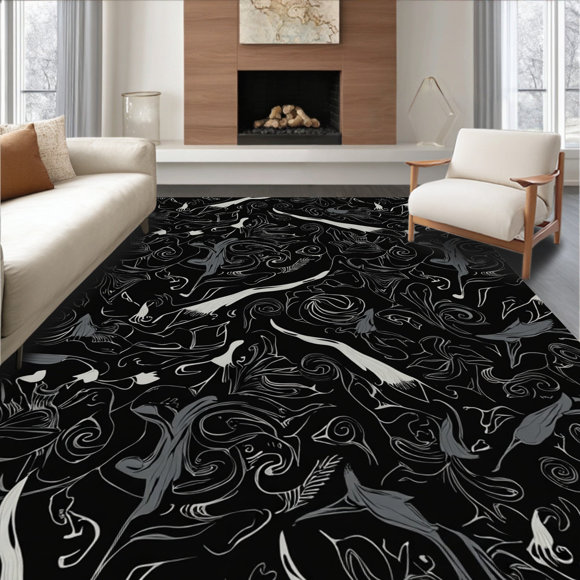 Abstract Floral Swirls Line Art Rug