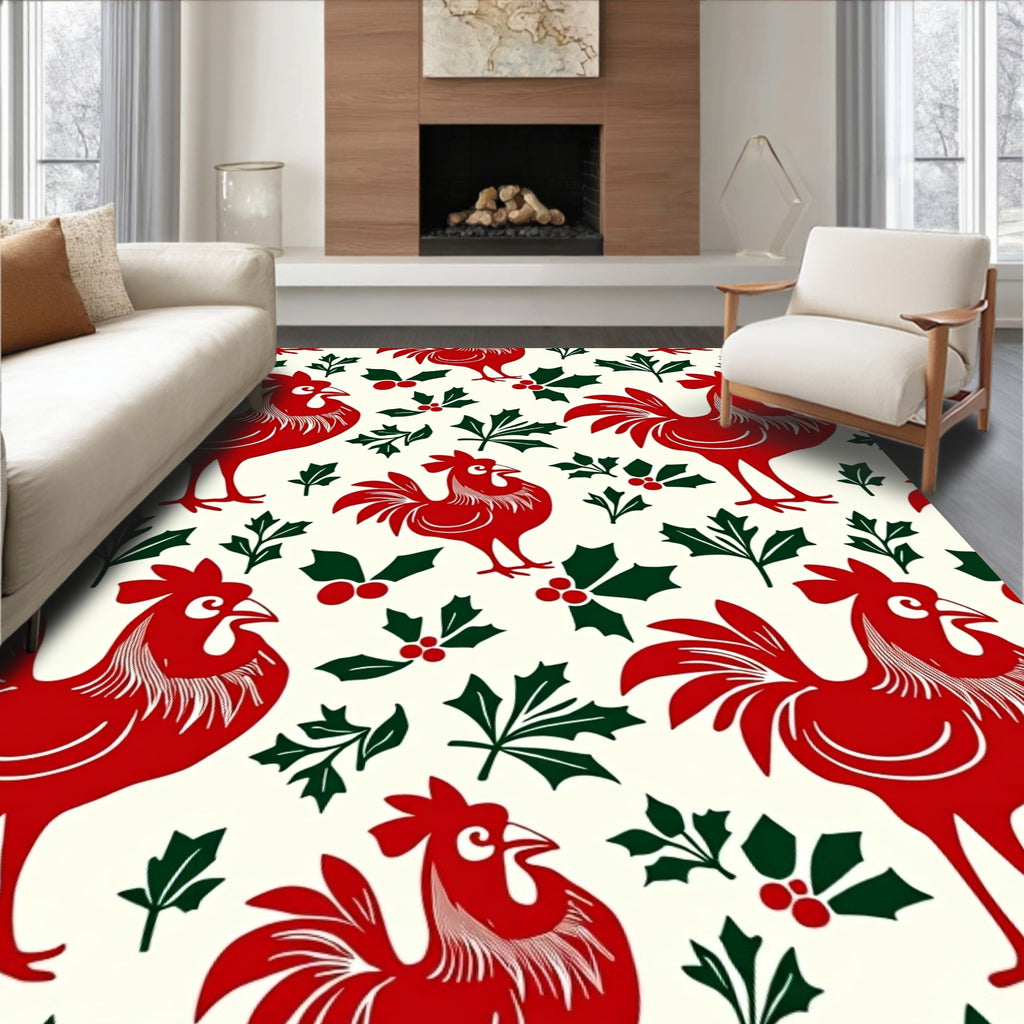 Crimson Rooster Holly Leaf Garland Rug
