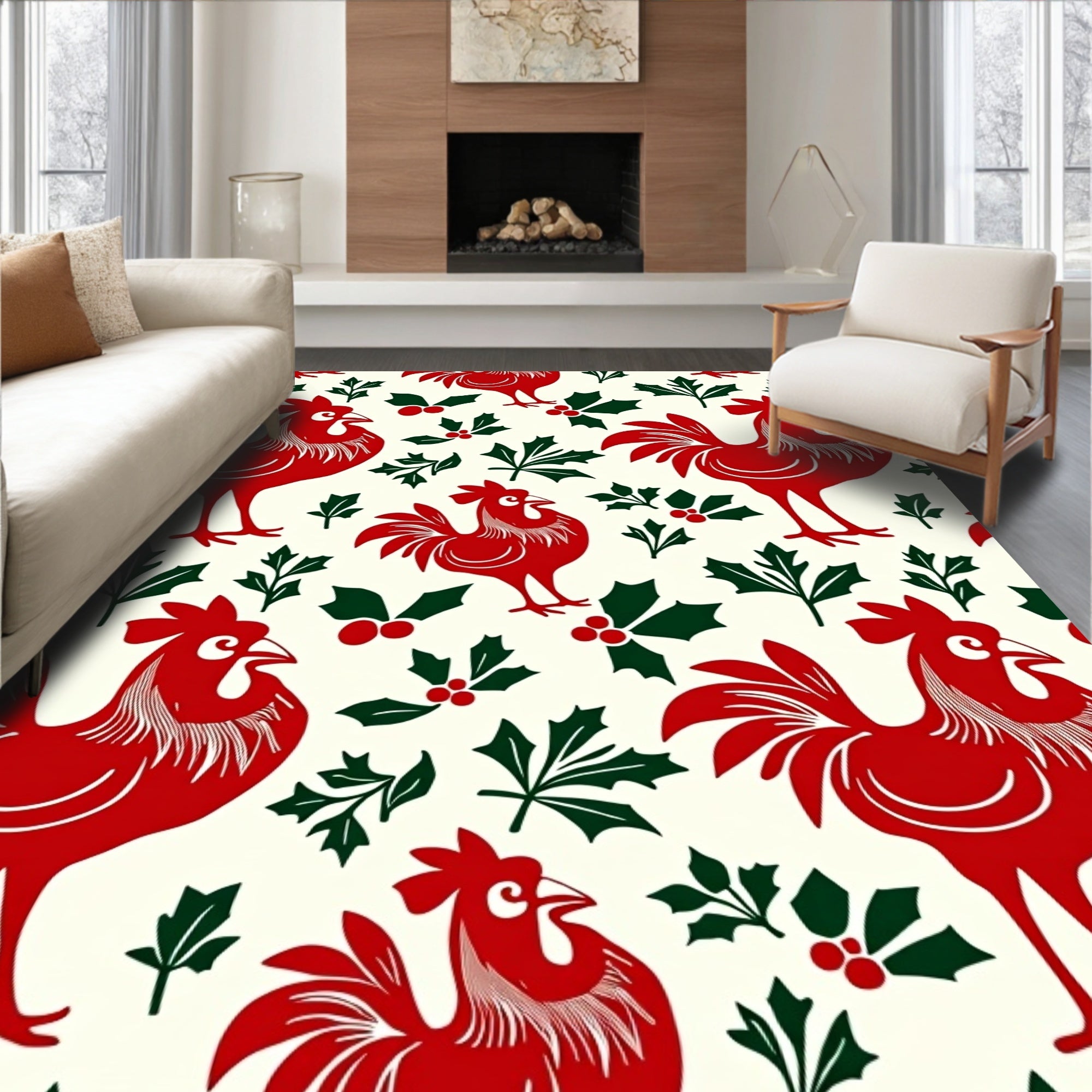 Crimson Rooster Holly Leaf Garland Rug