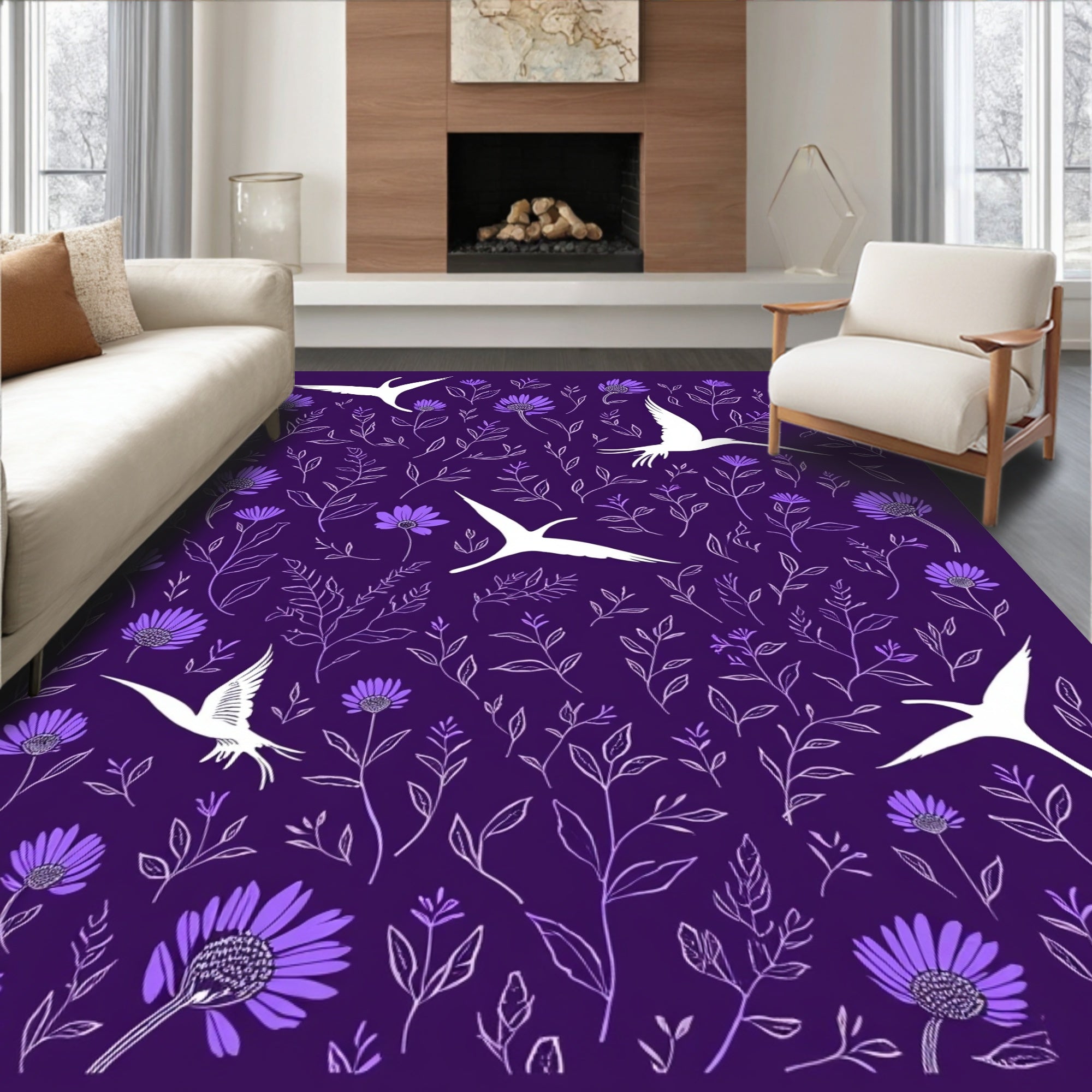 Purple Bird and Floral Silhouette Pattern Rug