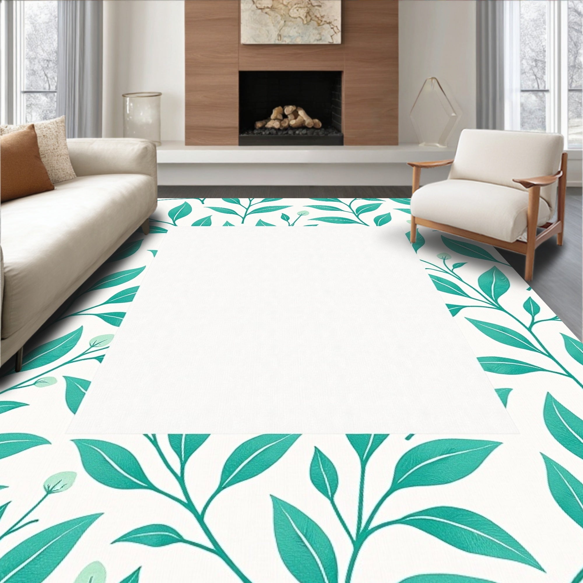 Teal Botanical Vines Border Rug