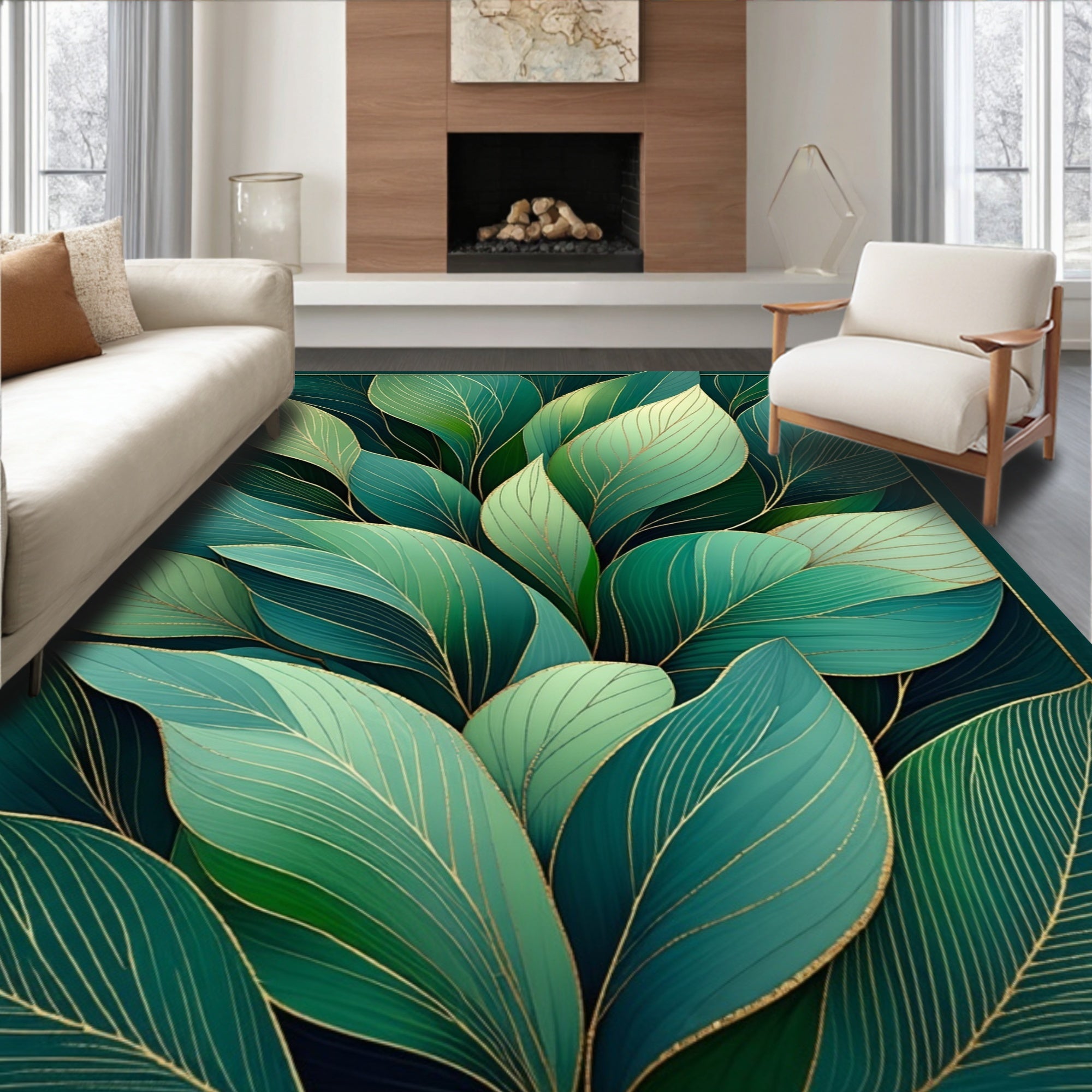 Verdant Leaves Gold Line Pattern Rug