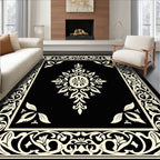 Bold Black Cream Floral Scroll Border Rug