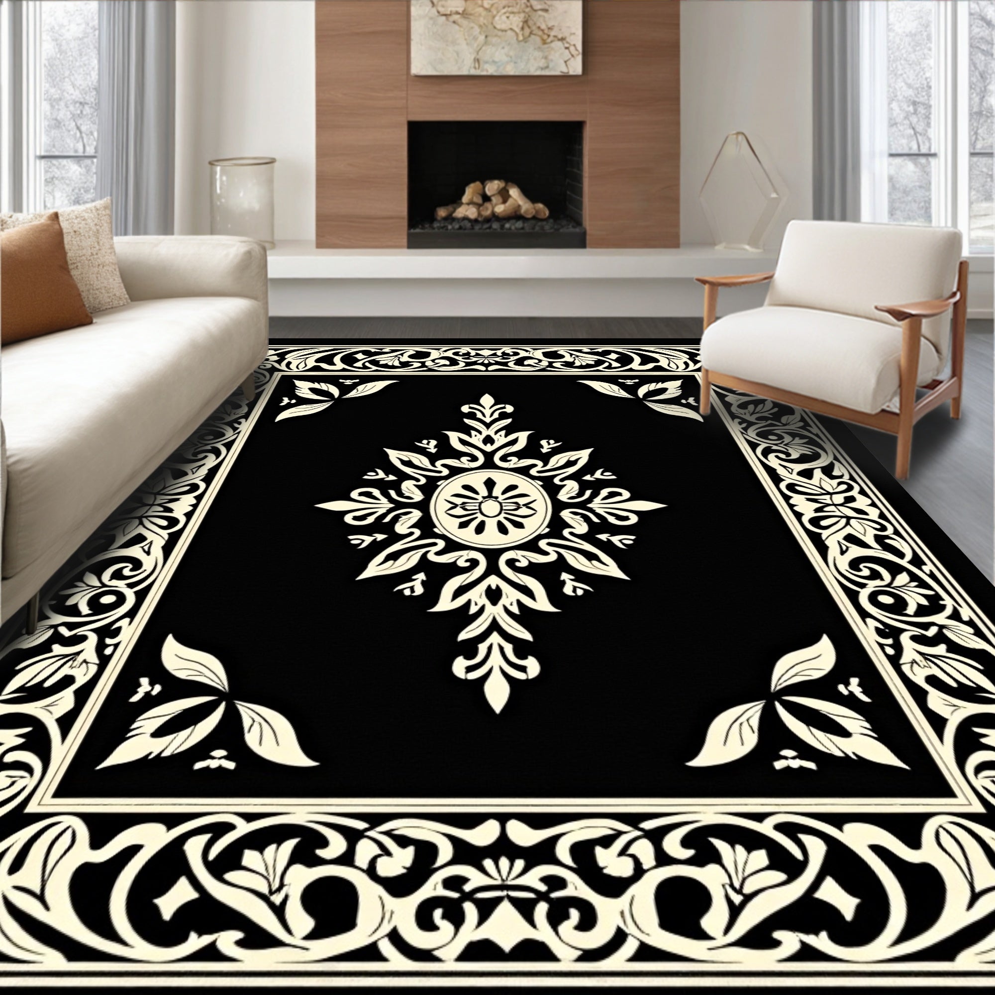 Bold Black Cream Floral Scroll Border Rug