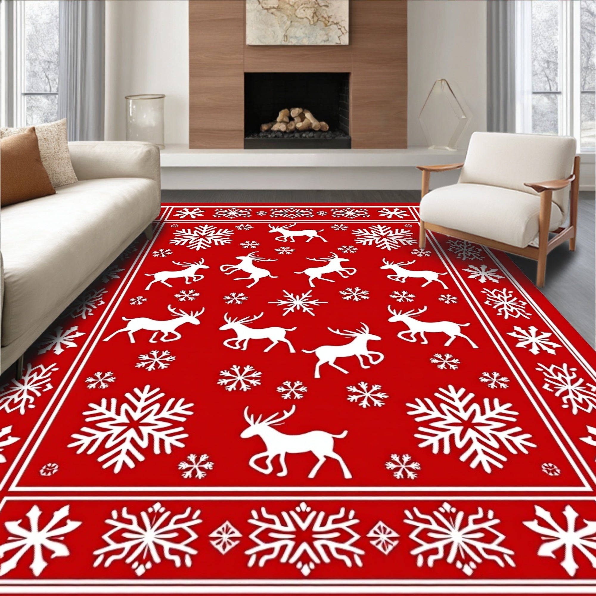 Red White Reindeer Snowflake Border Rug