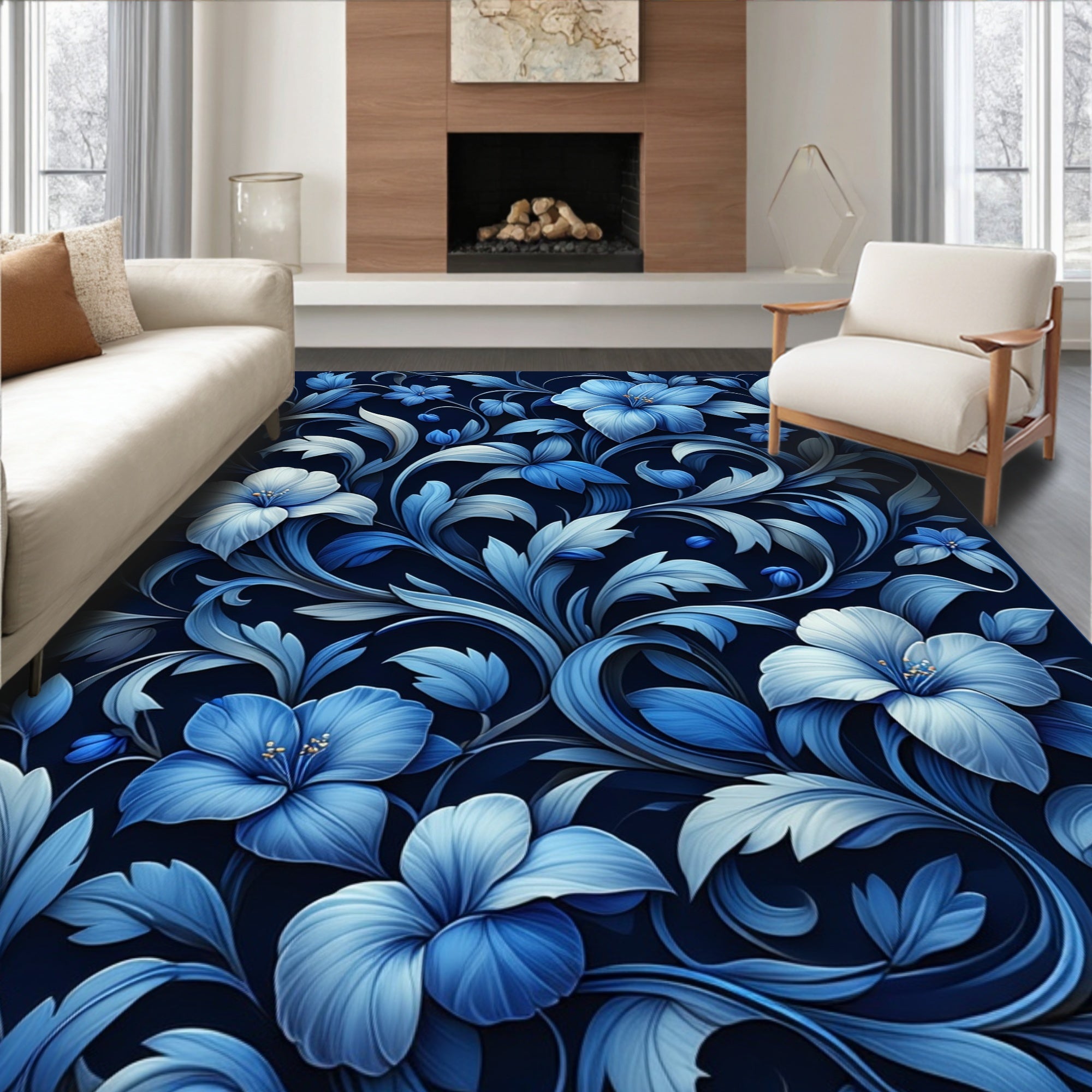 Midnight Blue Floral Swirls Rug
