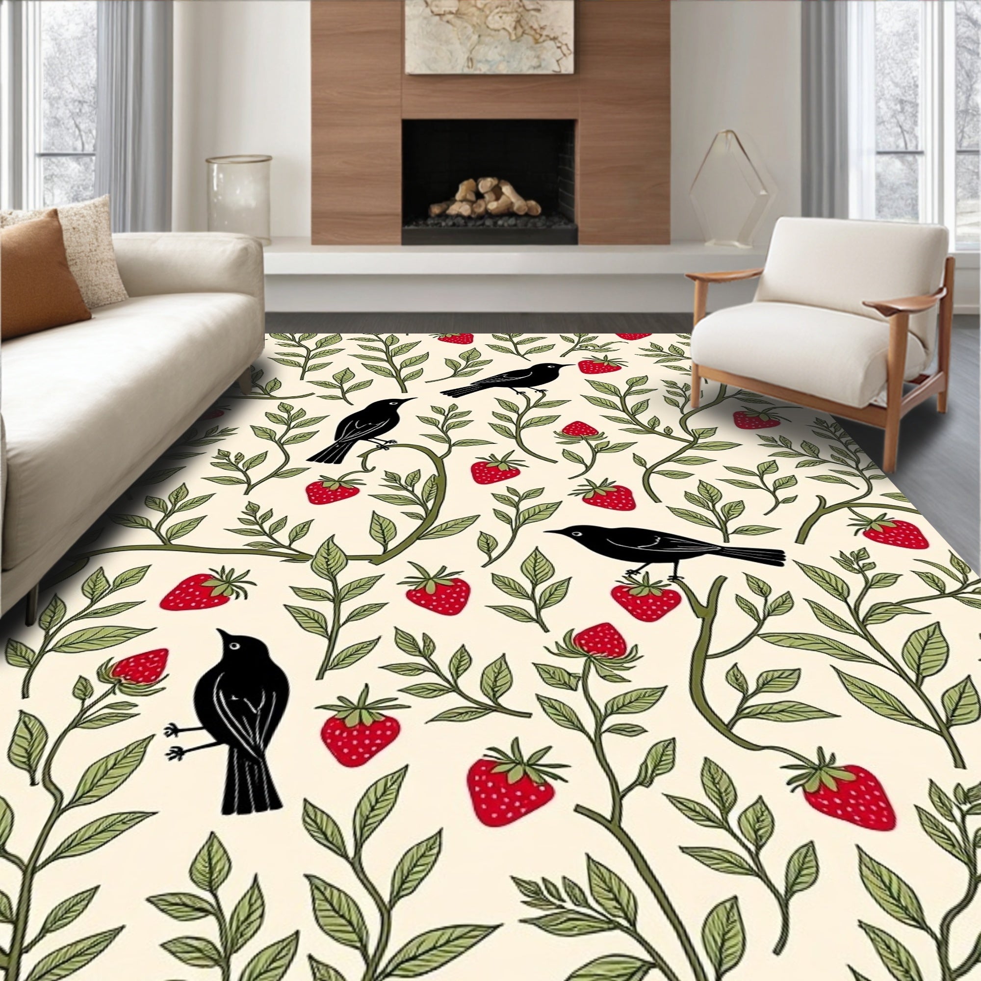 Charming Birds And Strawberry Vines Design Rug
