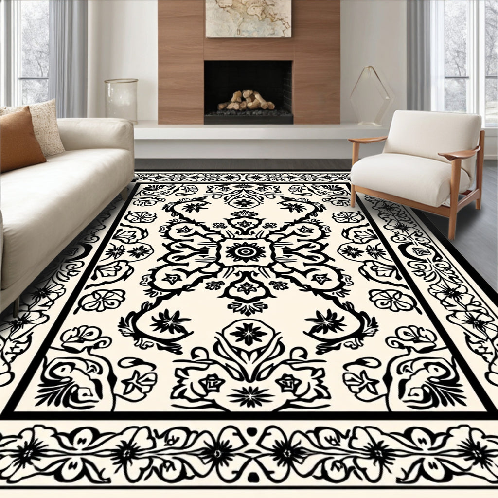 Ornate Floral Symmetry Black Cream Rug