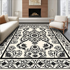Ornate Floral Symmetry Black Cream Rug