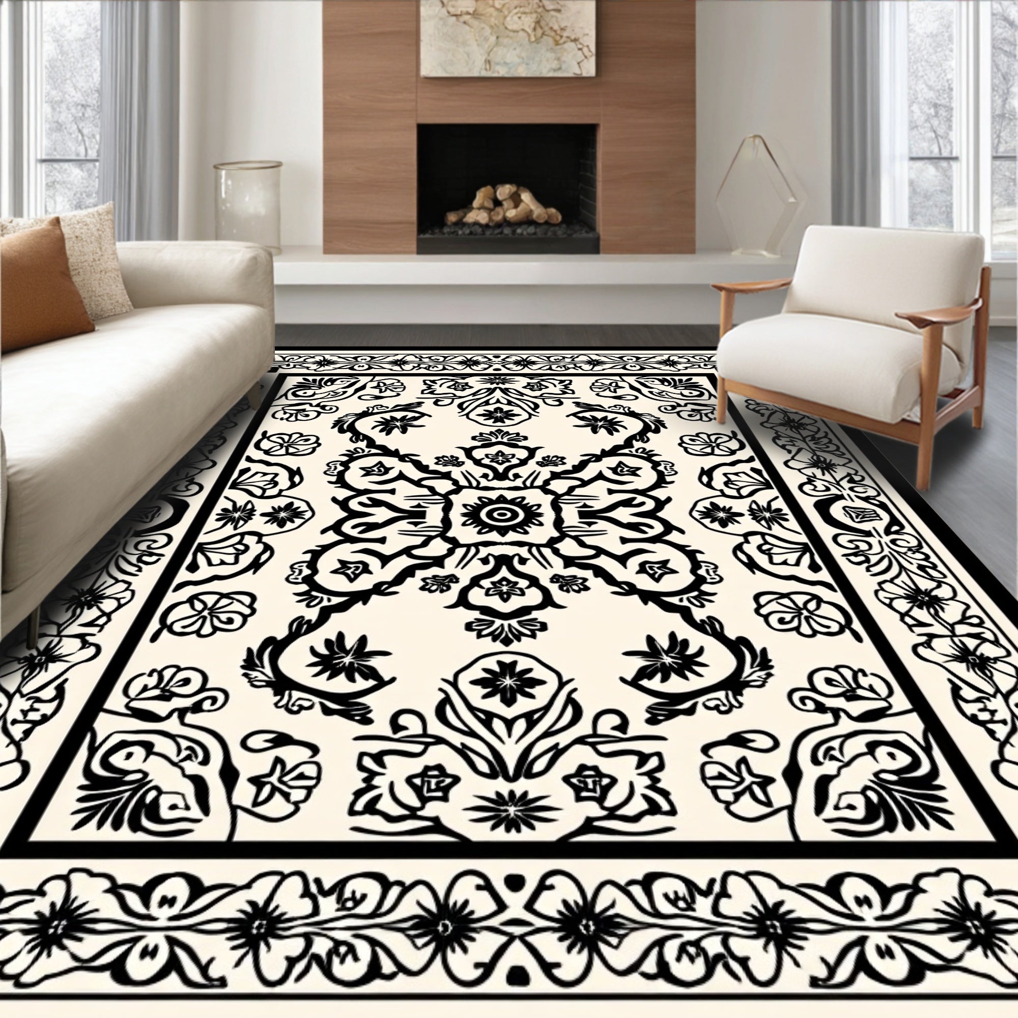 Ornate Floral Symmetry Black Cream Rug