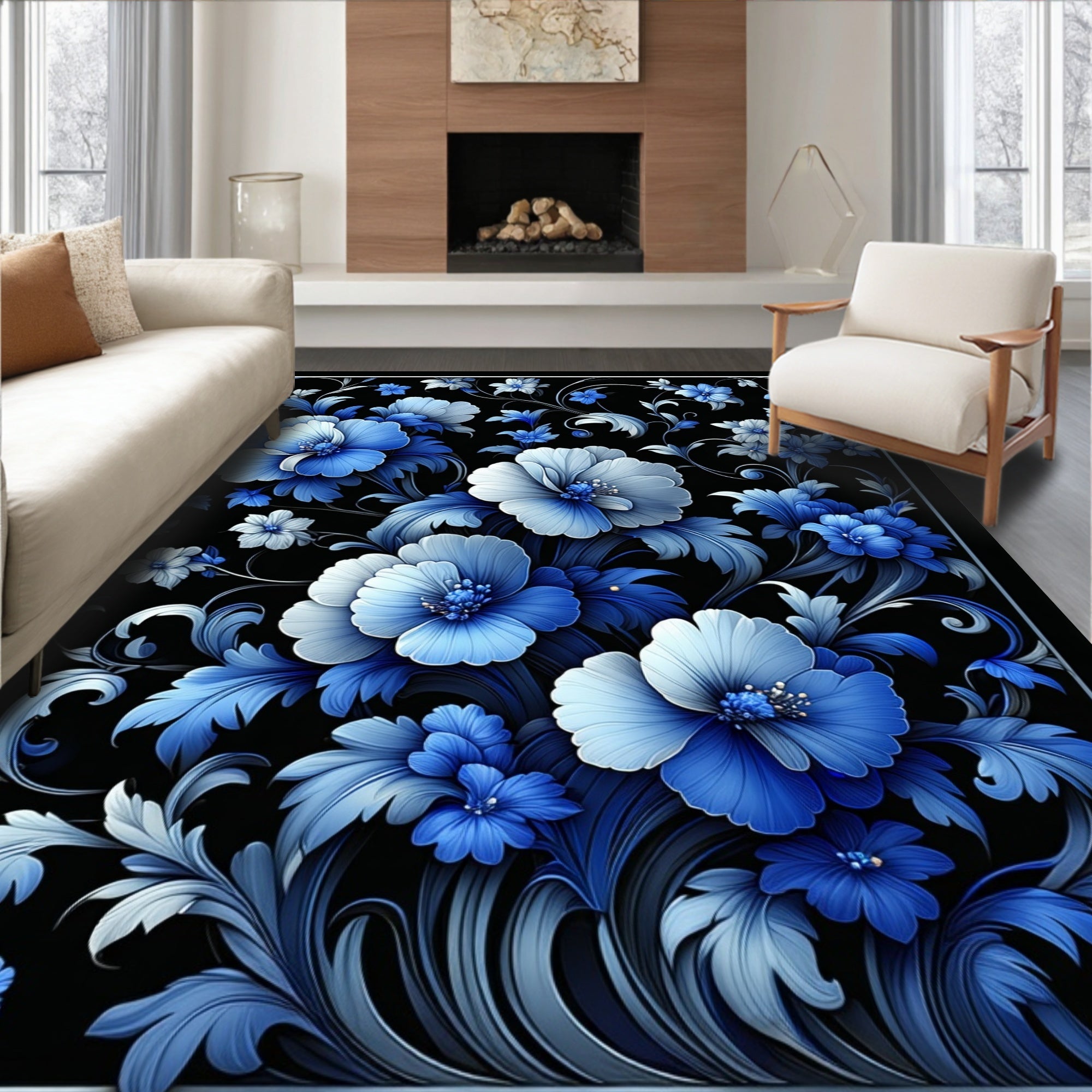 Vibrant Blue Floral Pattern Design Rug