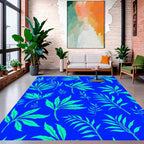 Bright Blue Tropical Leaf Pattern Rug