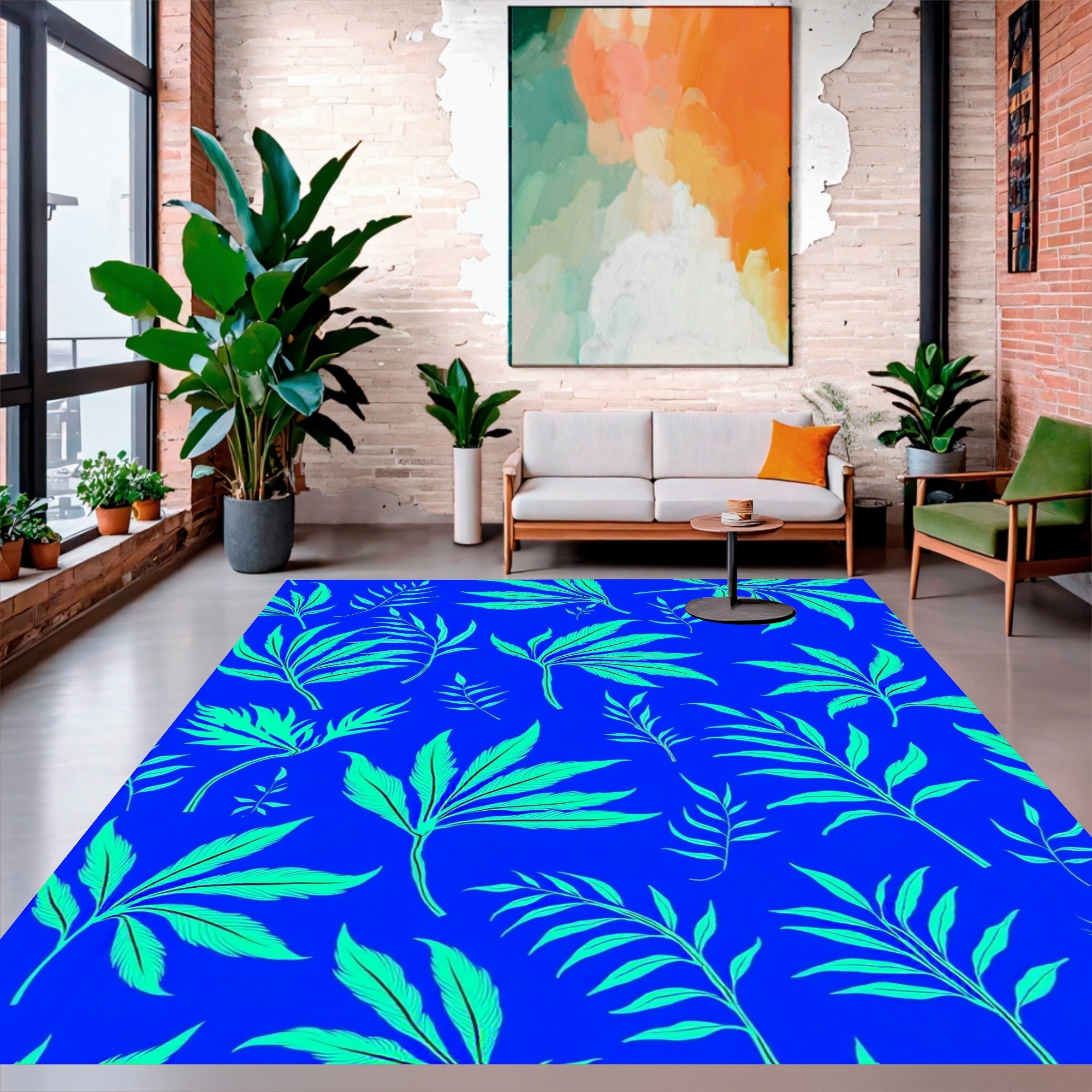 Bright Blue Tropical Leaf Pattern Rug