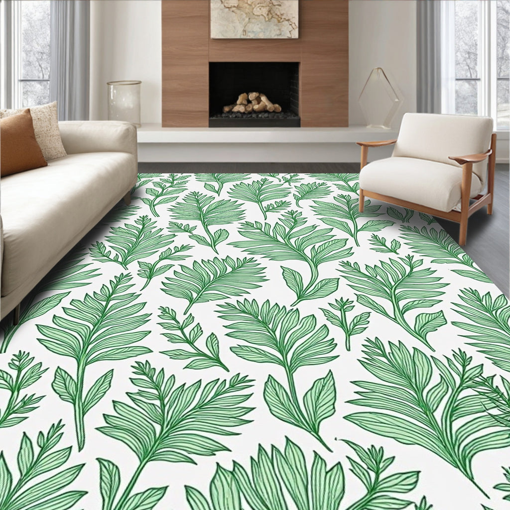 Lush Green Leafy Botanical Pattern Rug