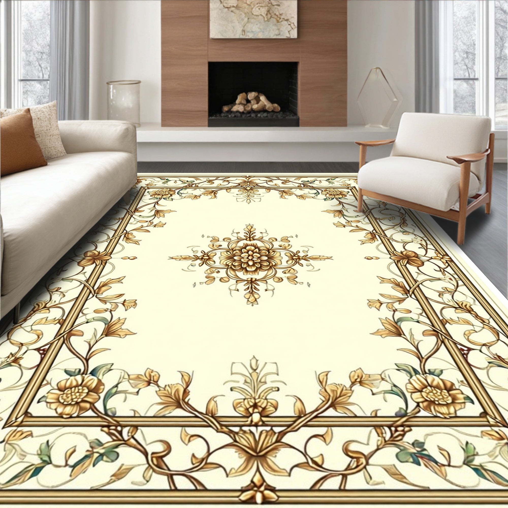 Ornate Floral Scroll Panel Design Rug