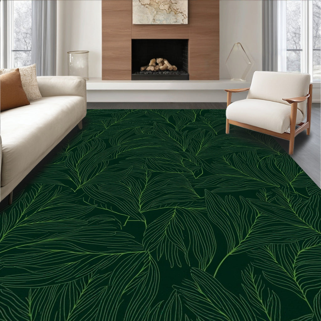 Emerald Green Leafy Botanical Line Art Rug