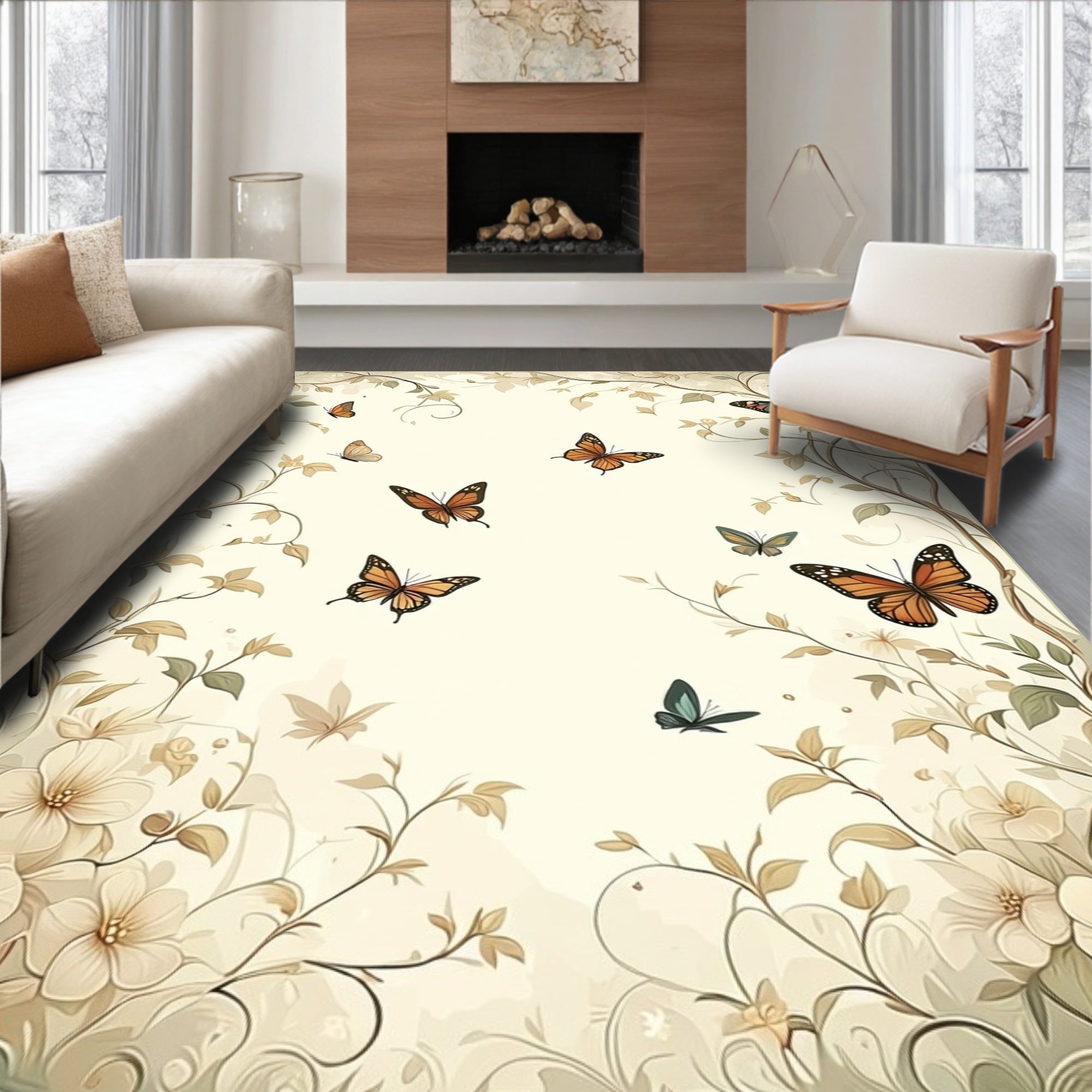 Whimsical Butterflies and Floral Vine Rug