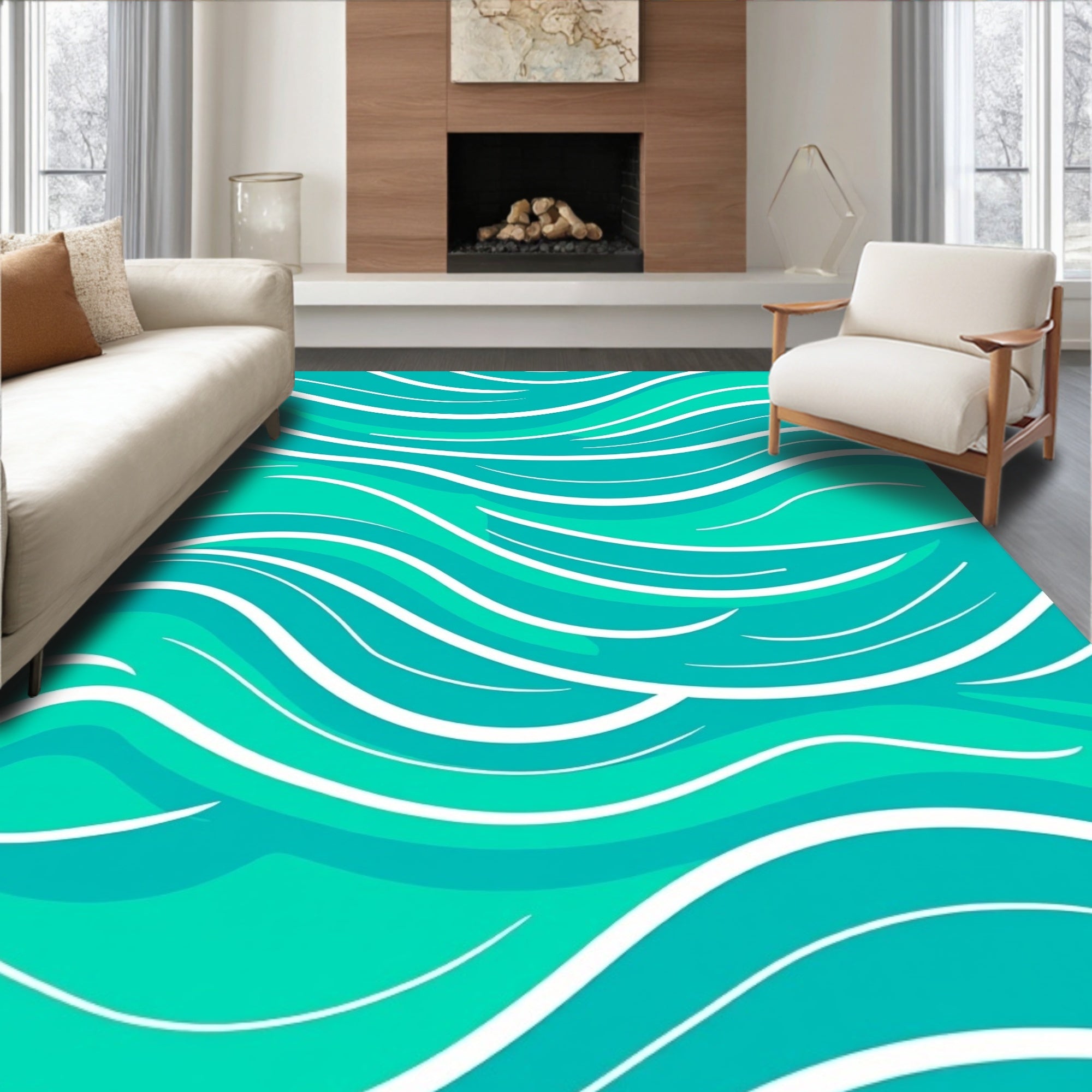 Aqua Blue Wavy Lines Design Rug