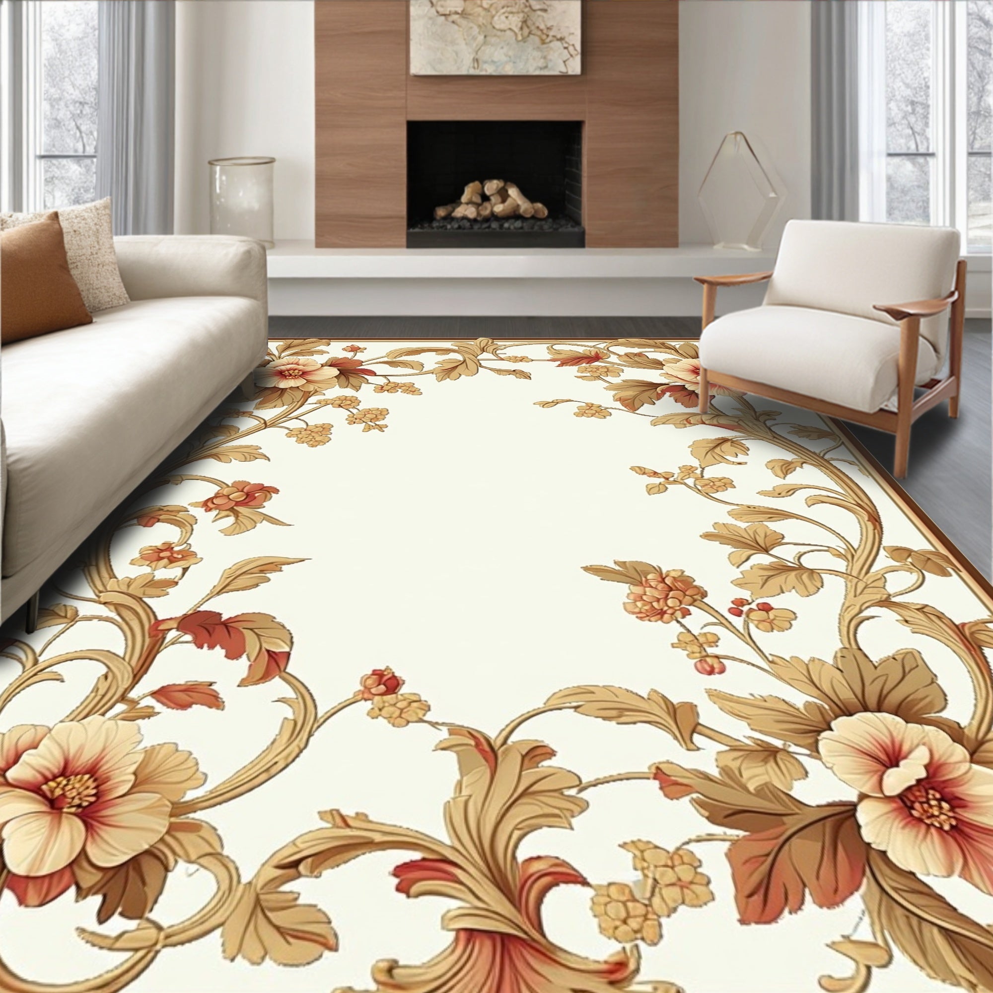 Elegant Floral Swirl Botanical Pattern Rug