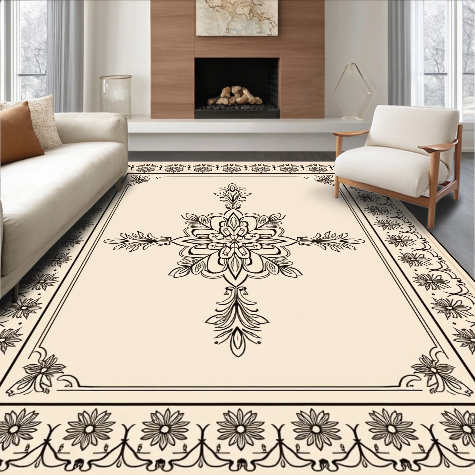 Elegant Floral Medallion Border Rug