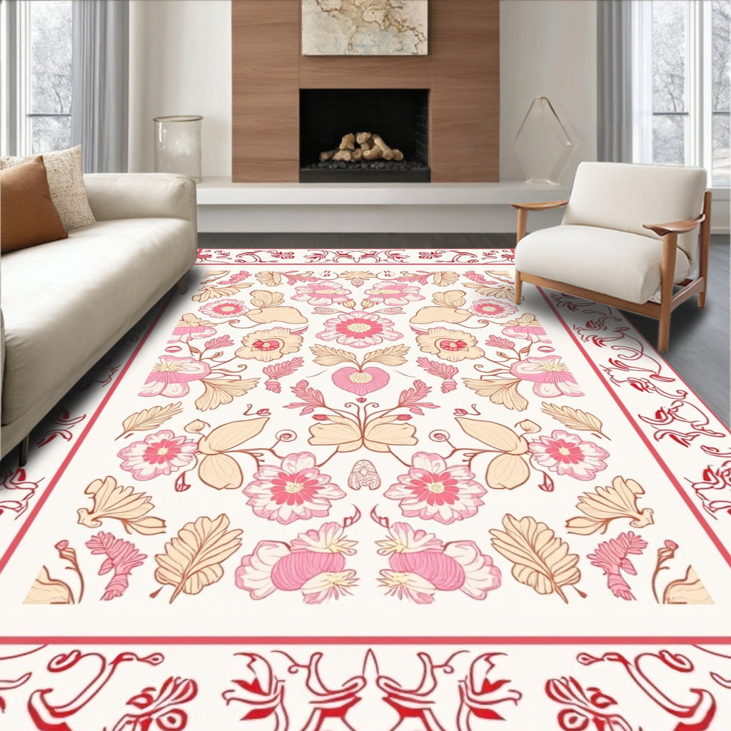 Pink Floral Symmetrical Patterned Rug