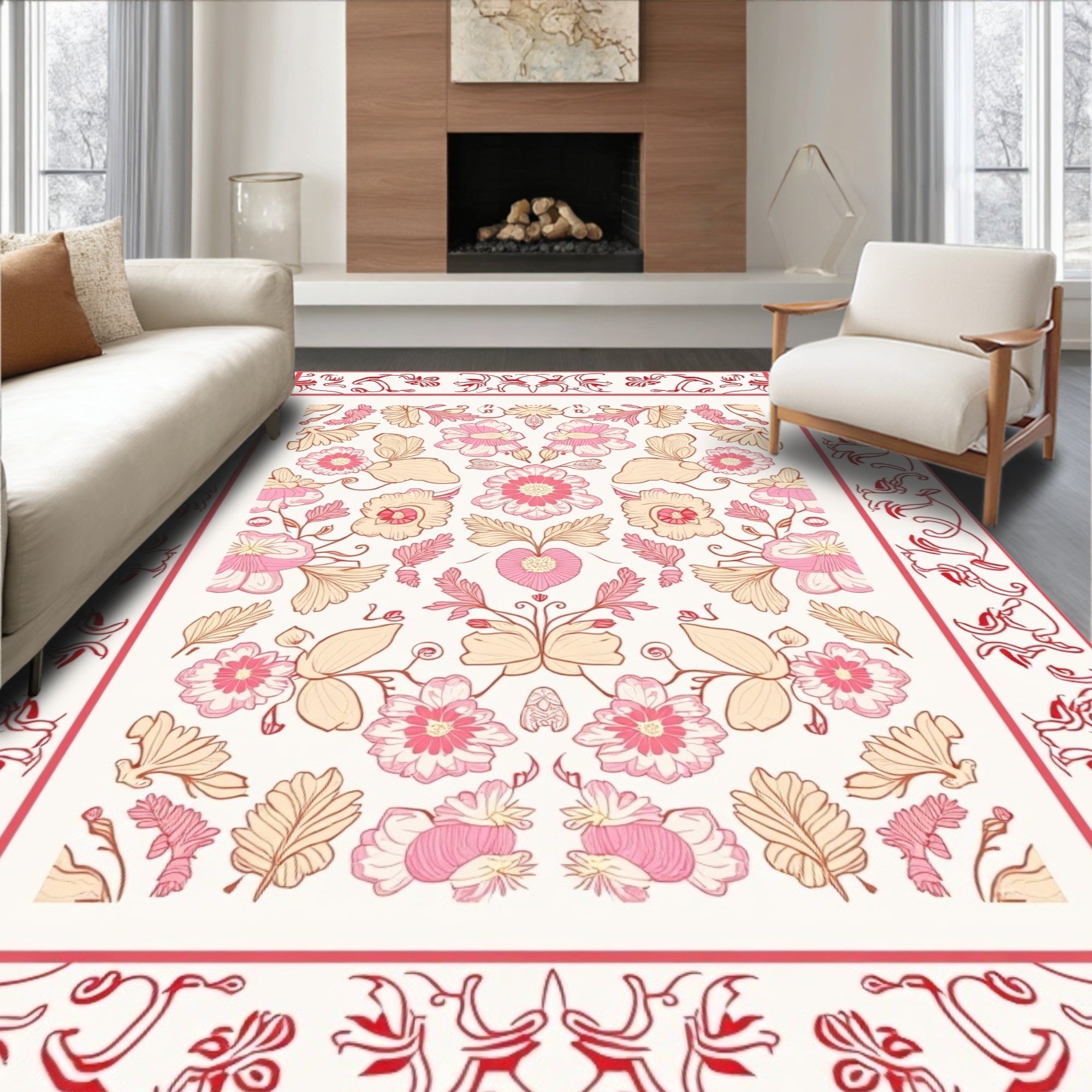 Pink Floral Symmetrical Patterned Rug