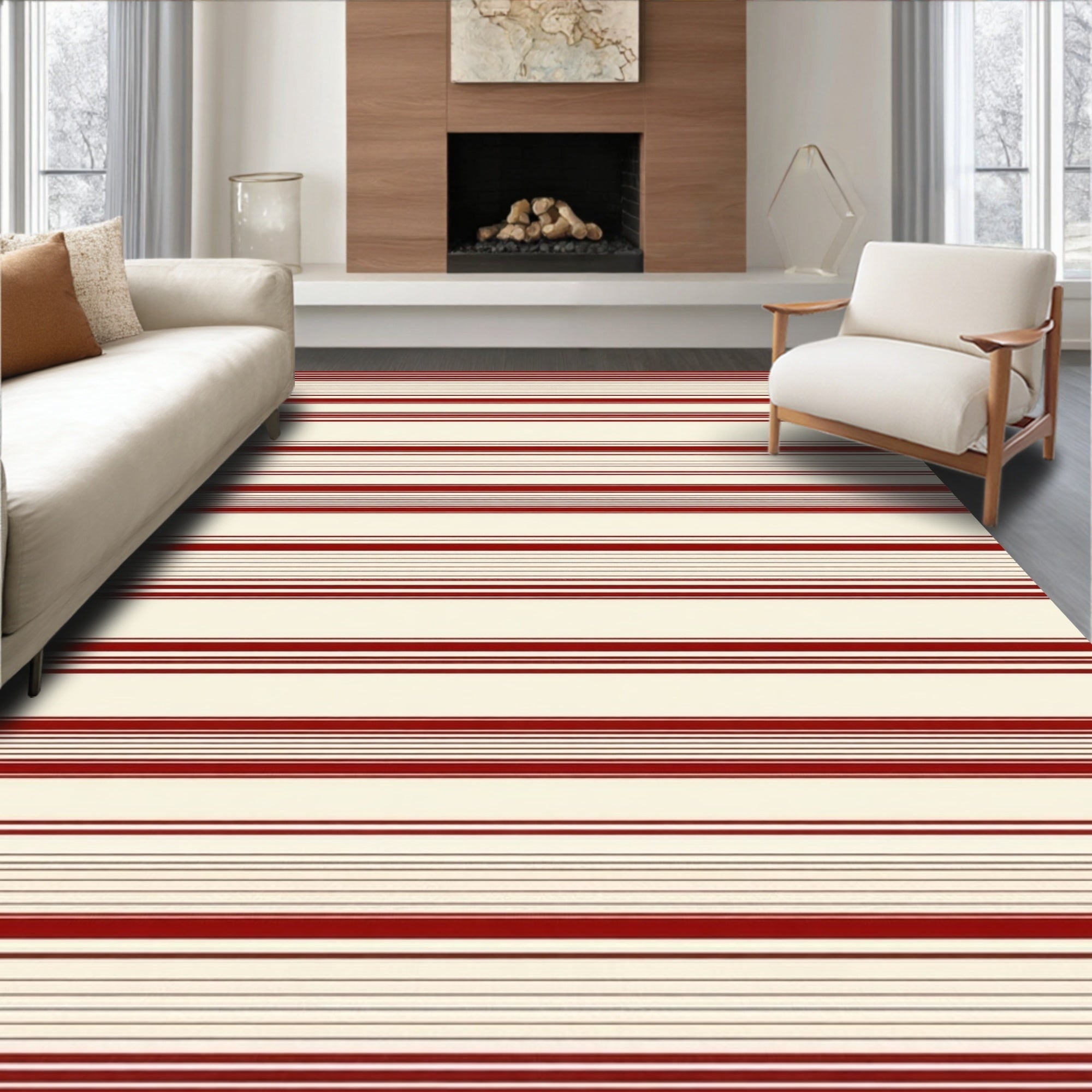 Classic Red Cream Stripe Pattern Rug