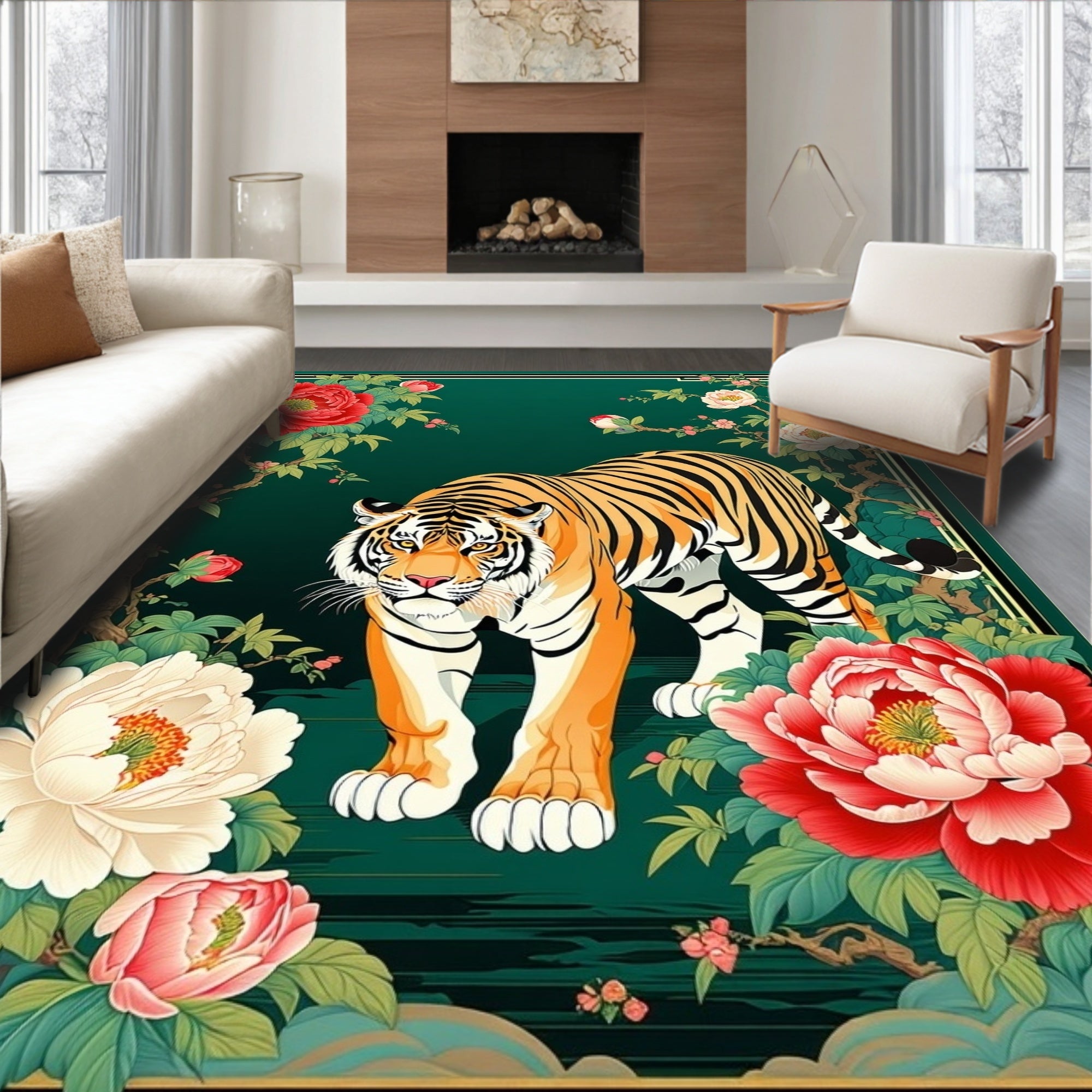 Majestic Tiger with Peony Garden Design Rug